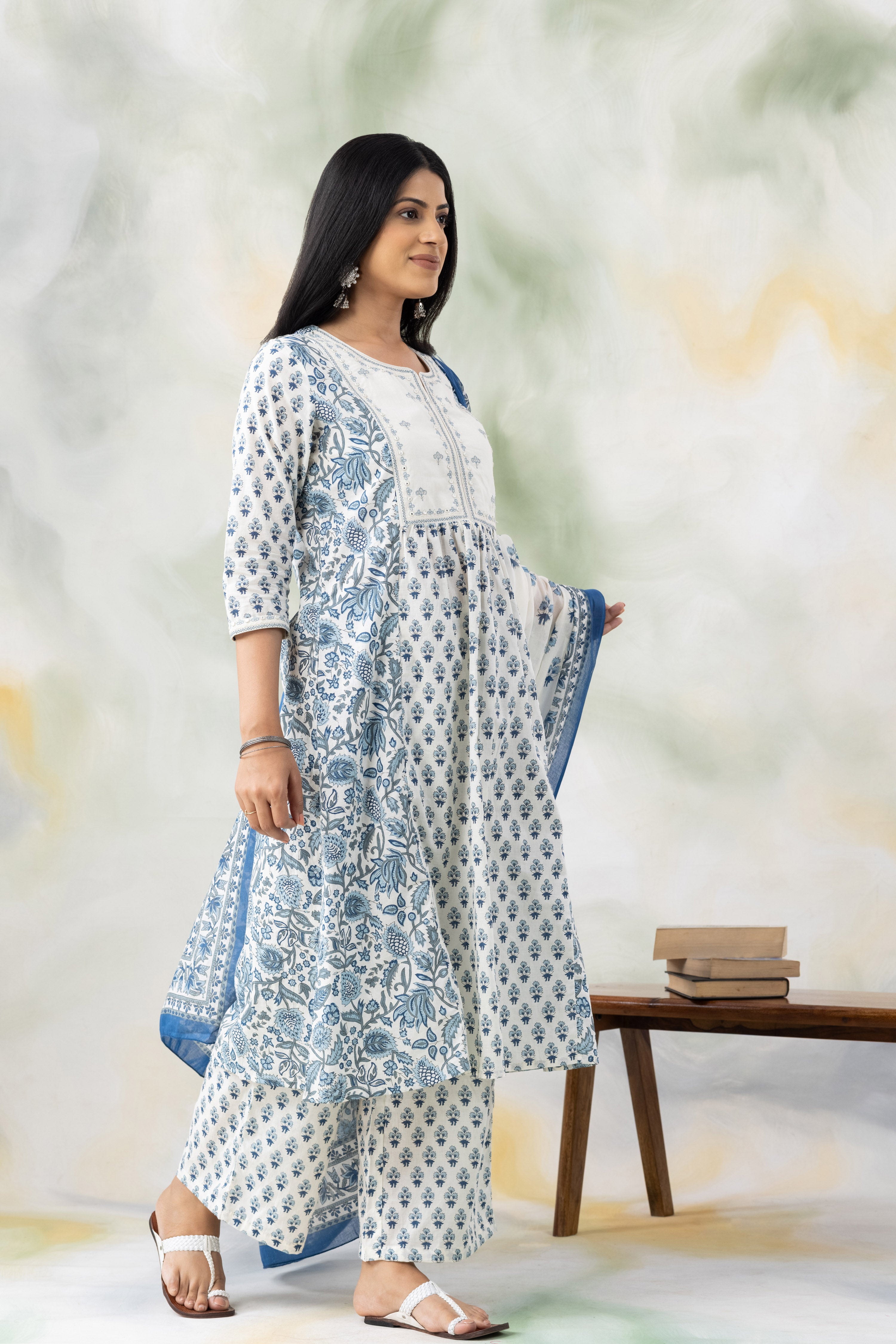 Blue Colored Cotton Kurta with Trousers and Printed Dupatta