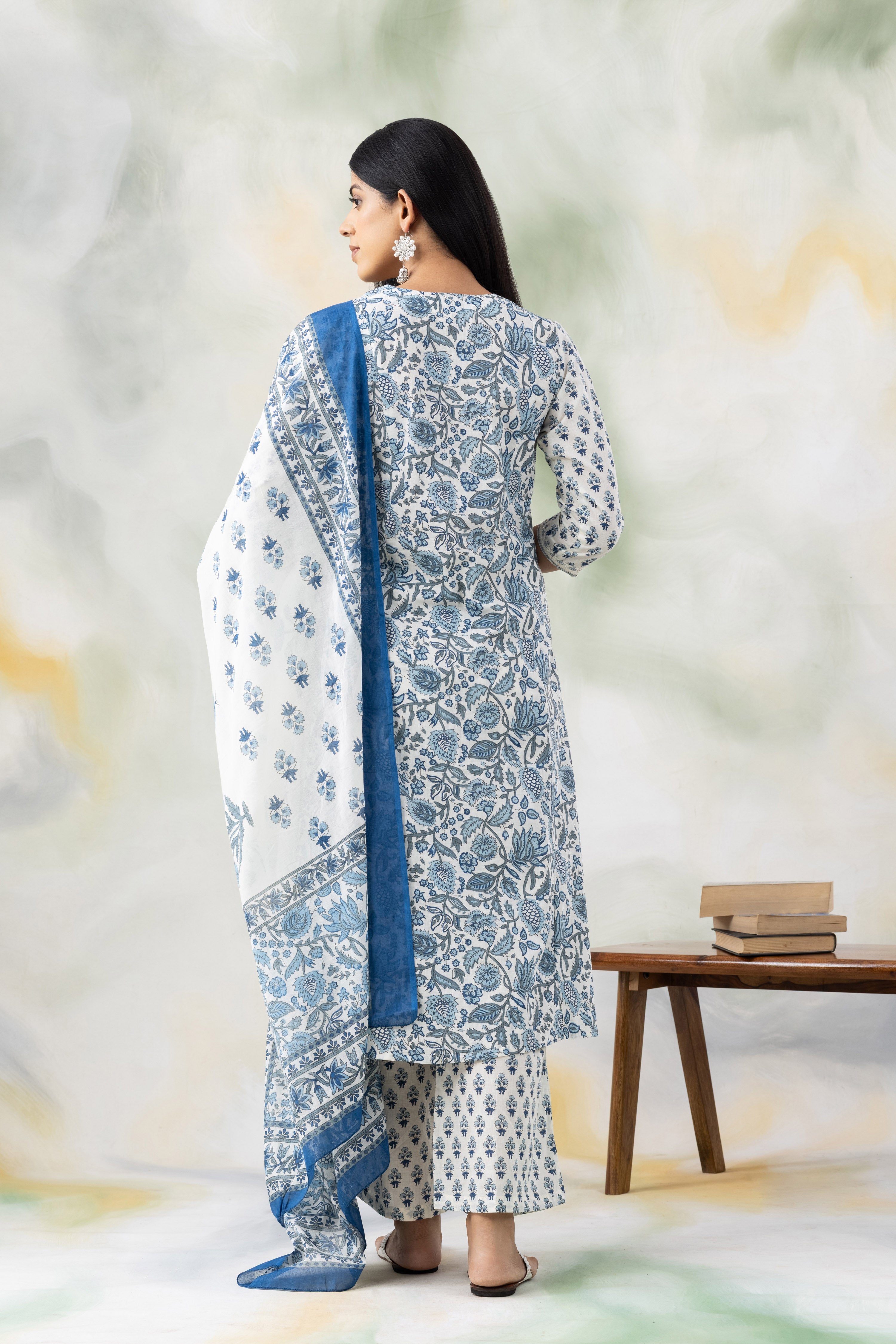 Blue Colored Cotton Kurta with Trousers and Printed Dupatta