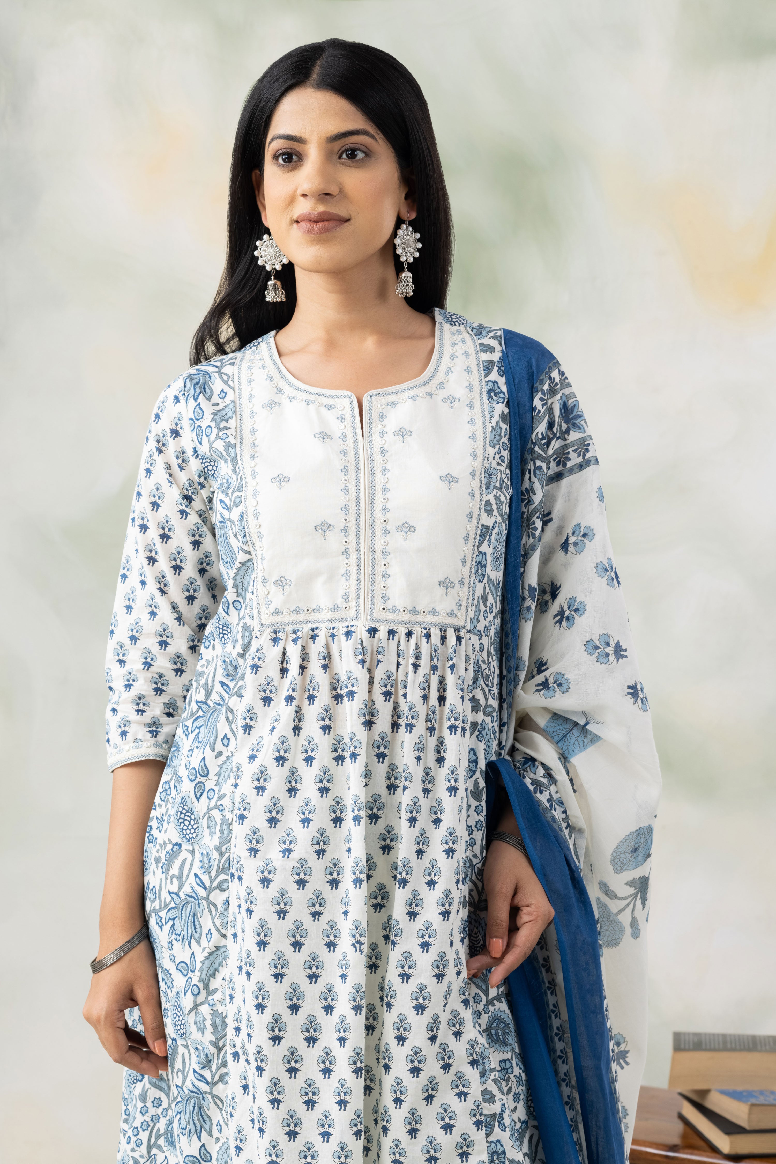 Blue Colored Cotton Kurta with Trousers and Printed Dupatta