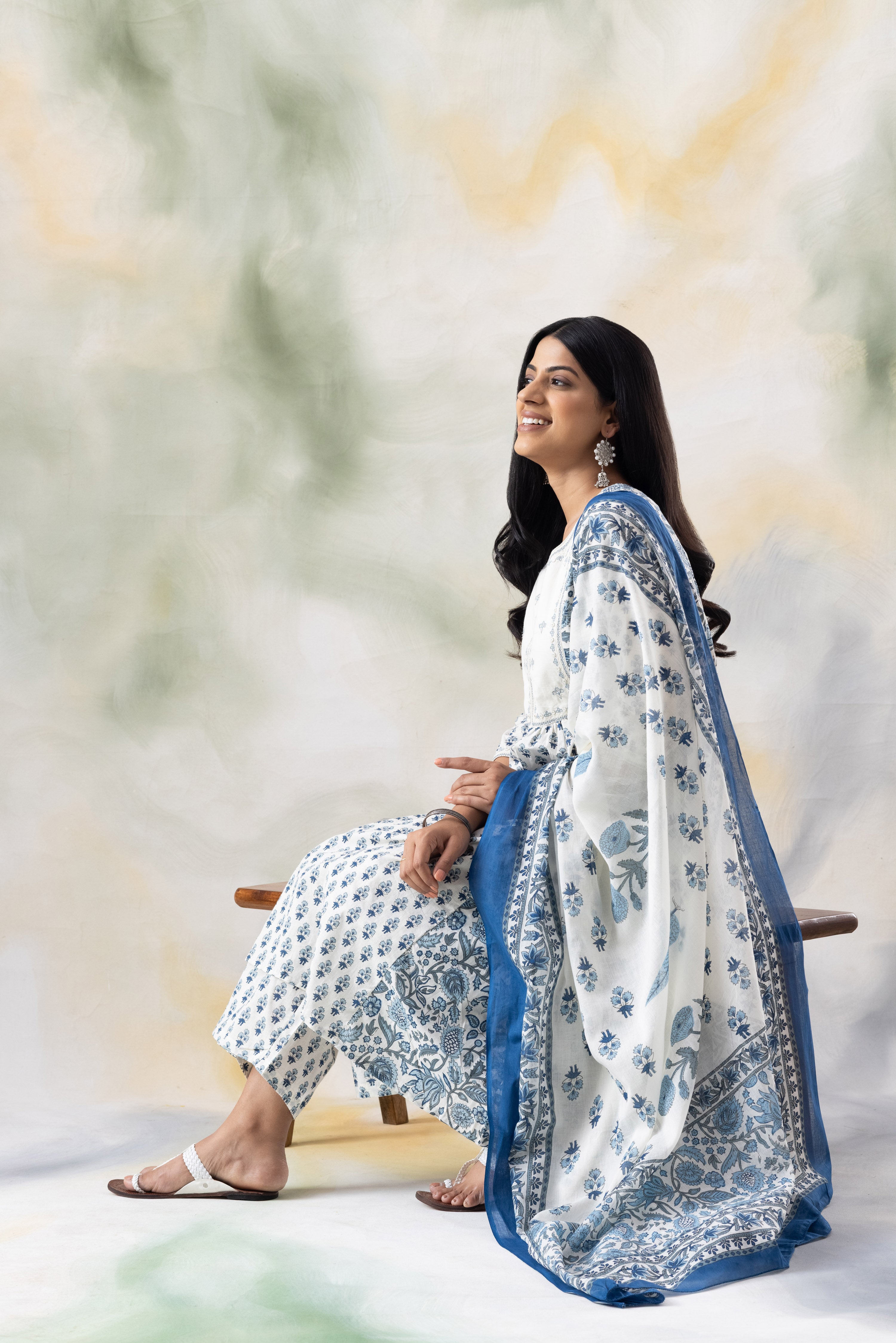 Blue Colored Cotton Kurta with Trousers and Printed Dupatta