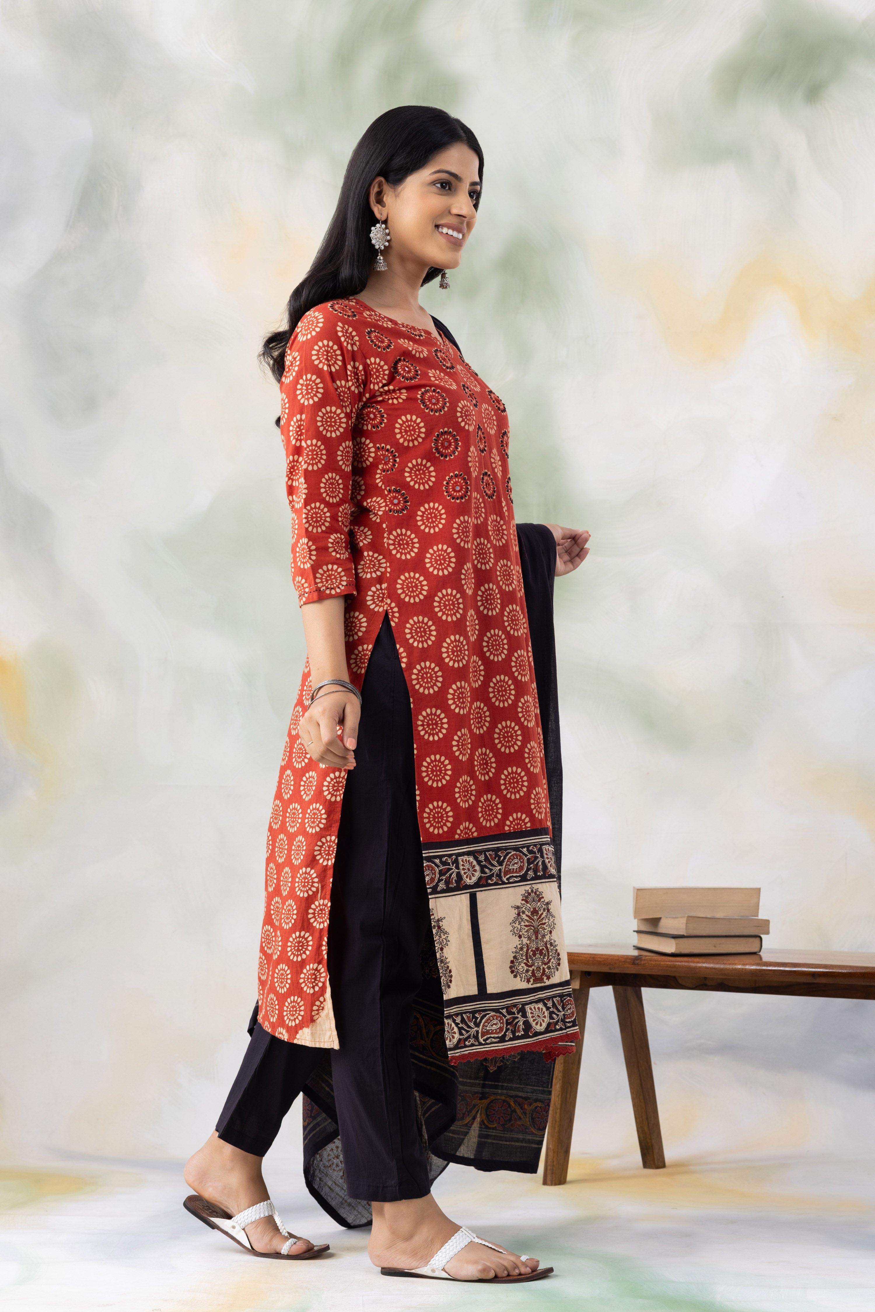 Rust Block Print Cotton Kurta Set