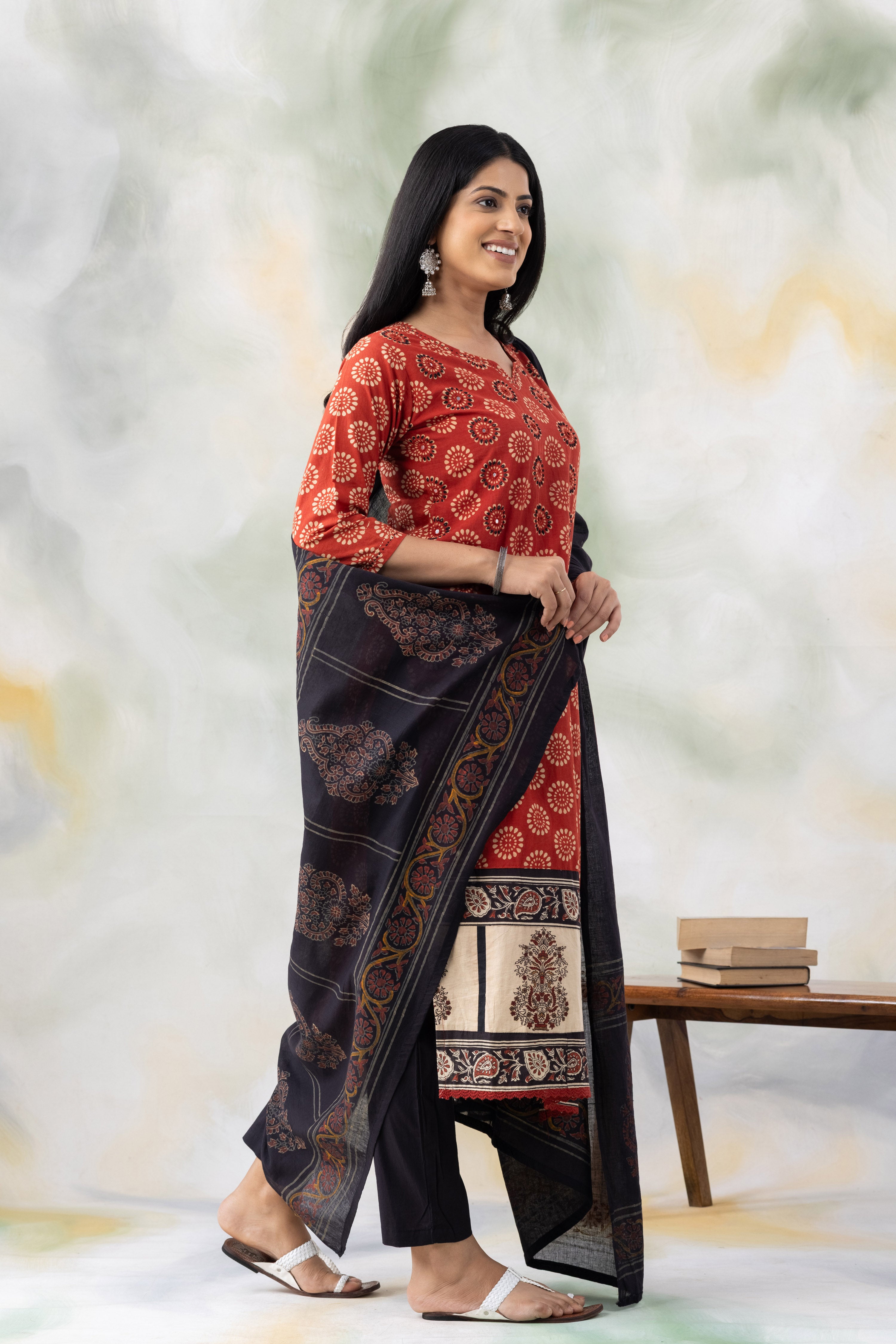 Rust Block Print Cotton Kurta Set