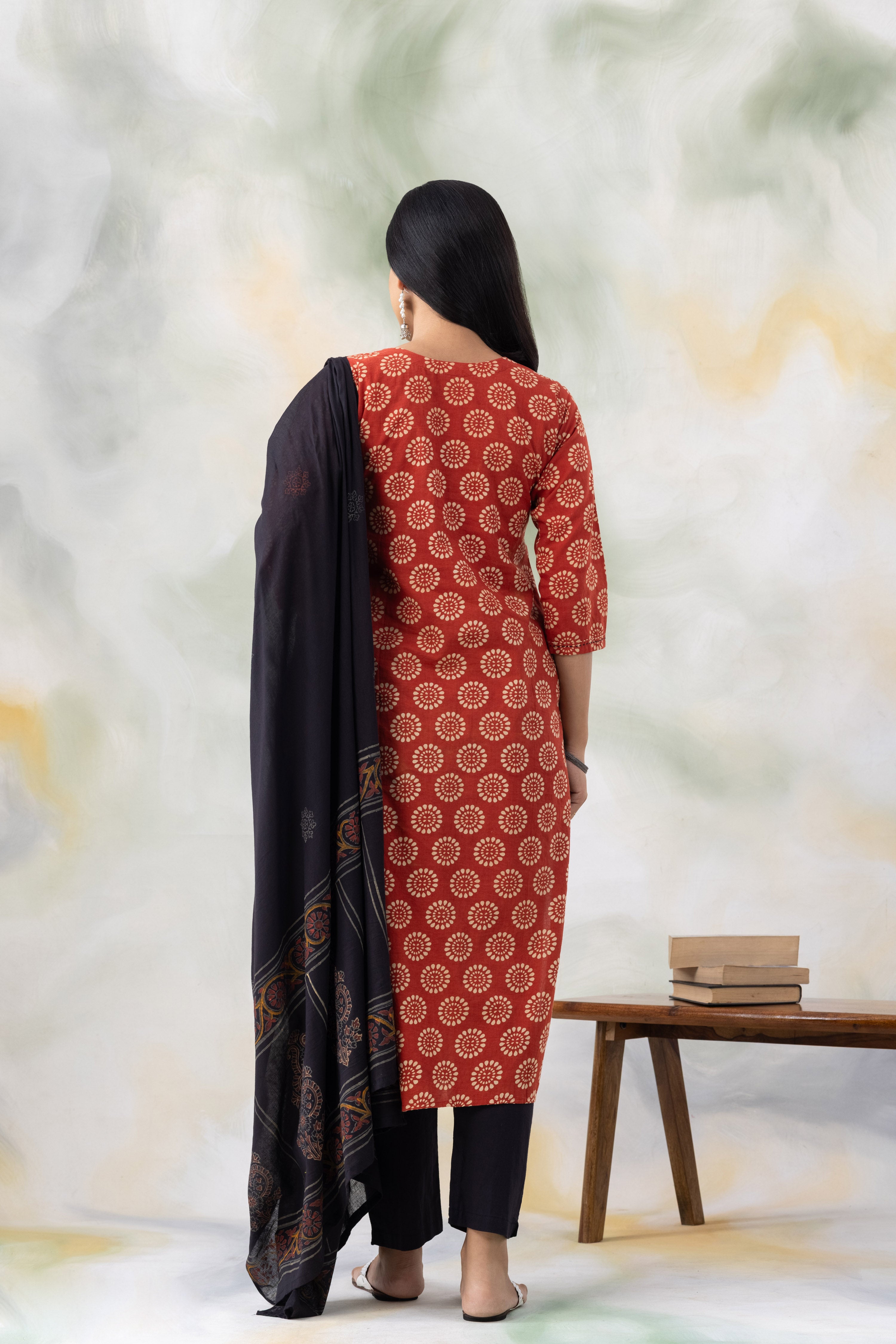 Rust Block Print Cotton Kurta Set
