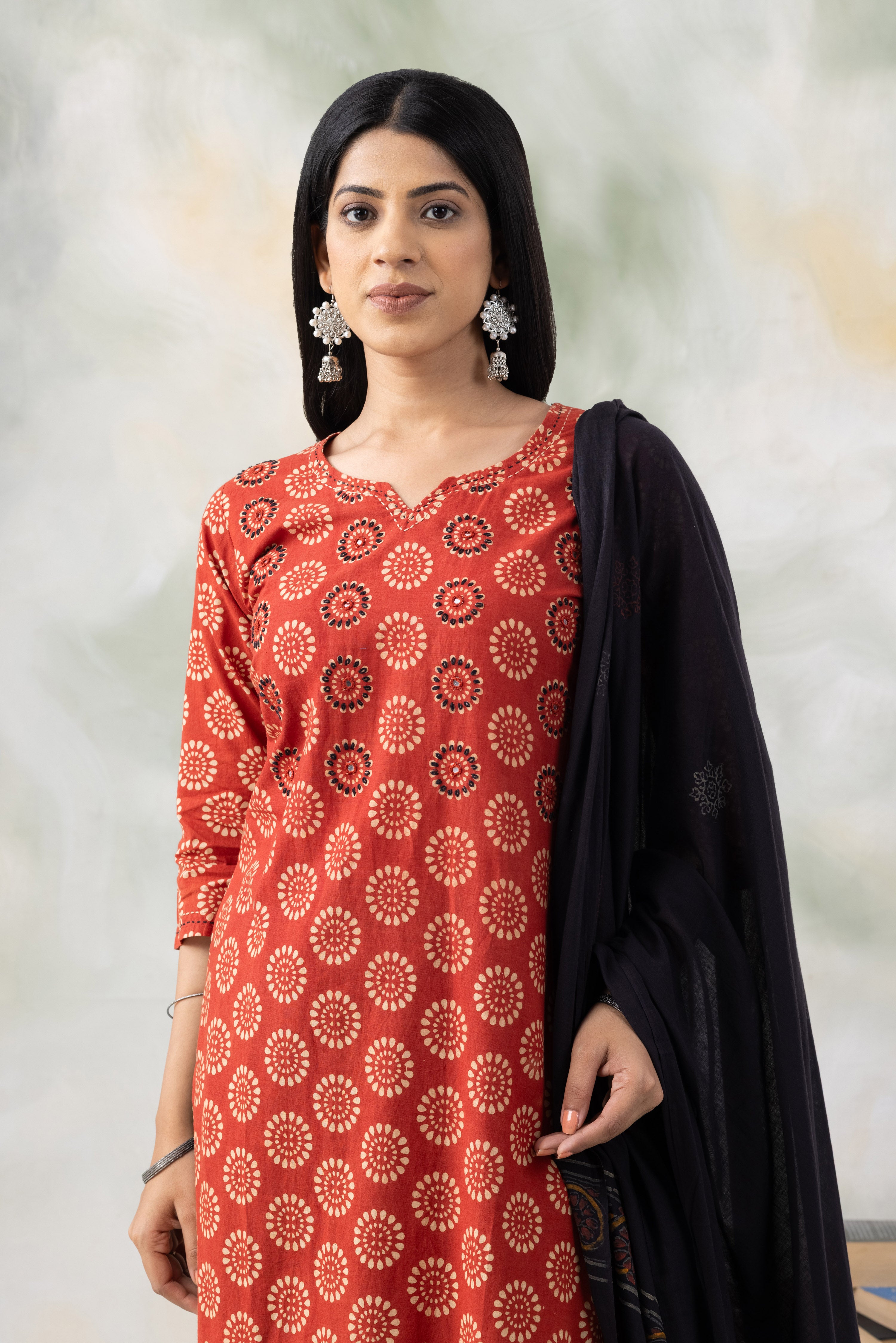 Rust Block Print Cotton Kurta Set