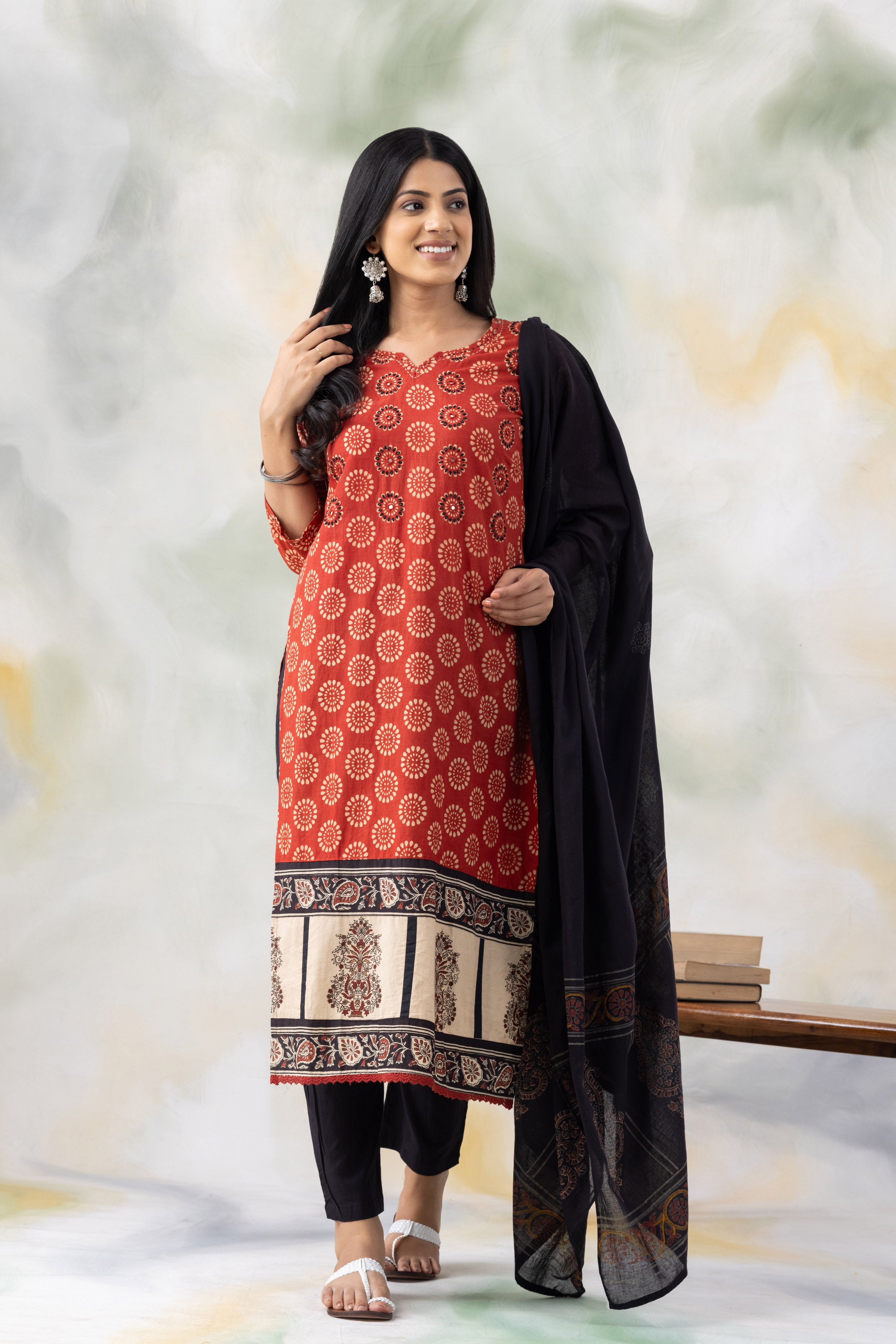 Rust Block Print Cotton Kurta Set