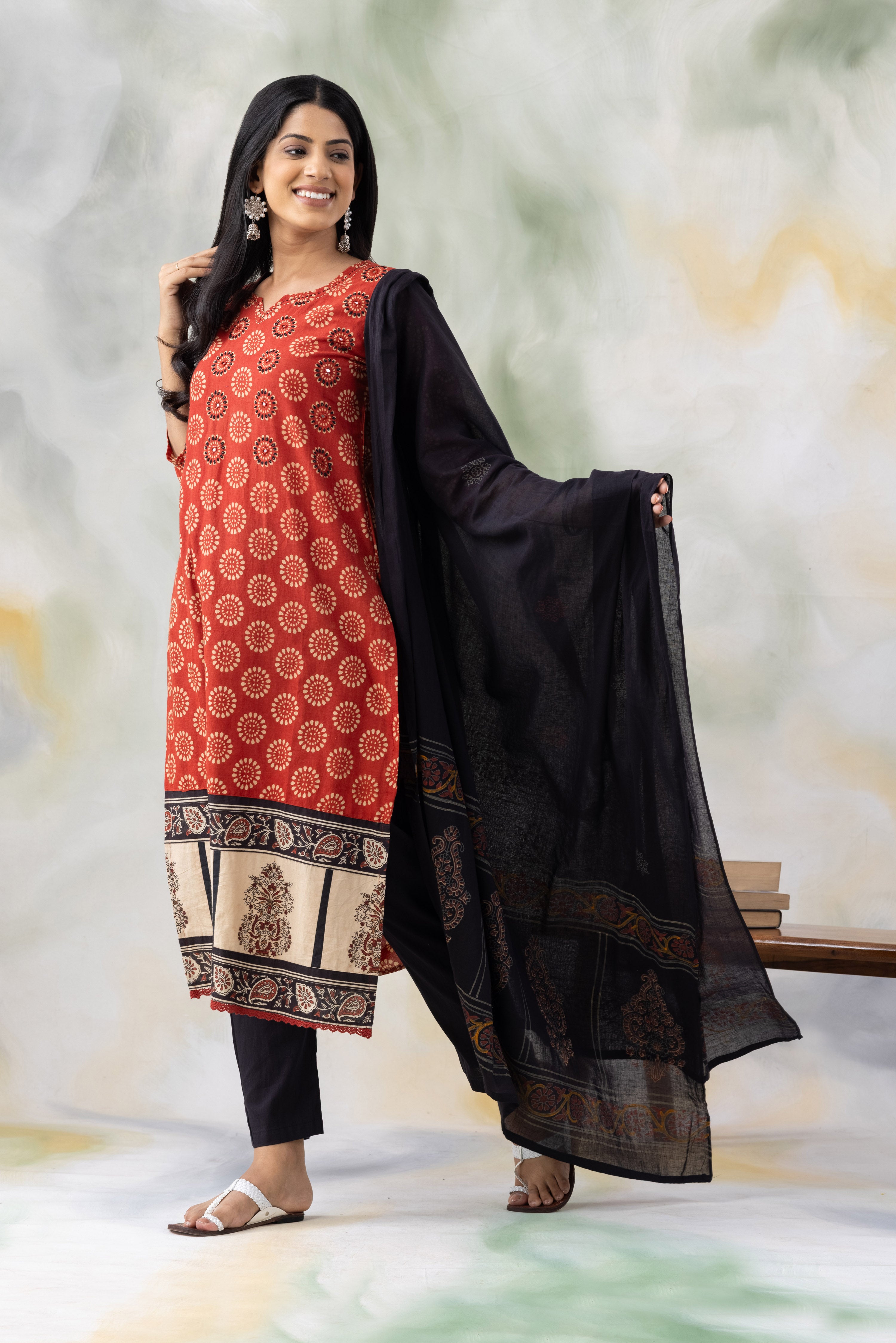 Rust Block Print Cotton Kurta Set