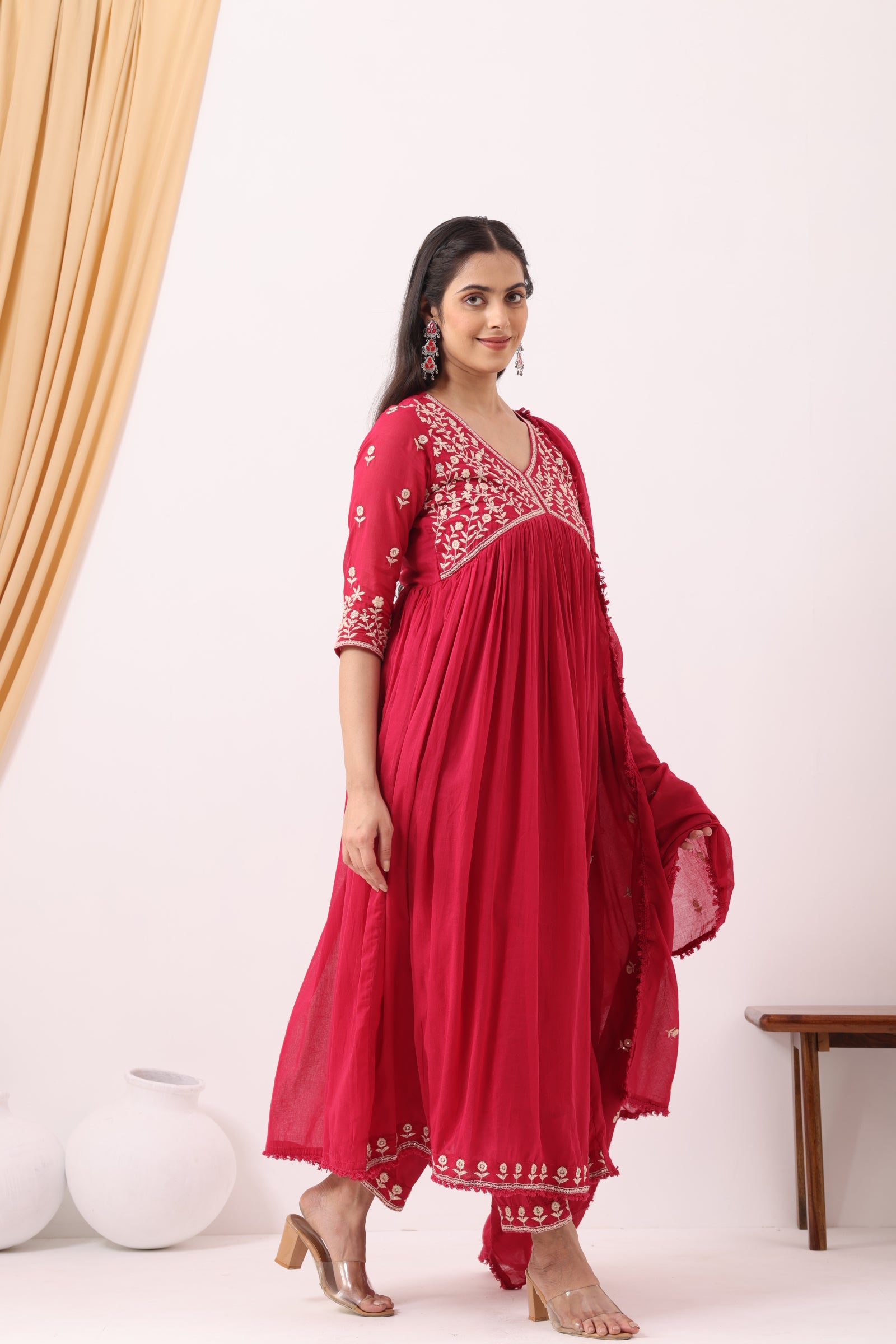 Mulmul Cotton Pink Anarkali Kurta with Pant & Dupatta