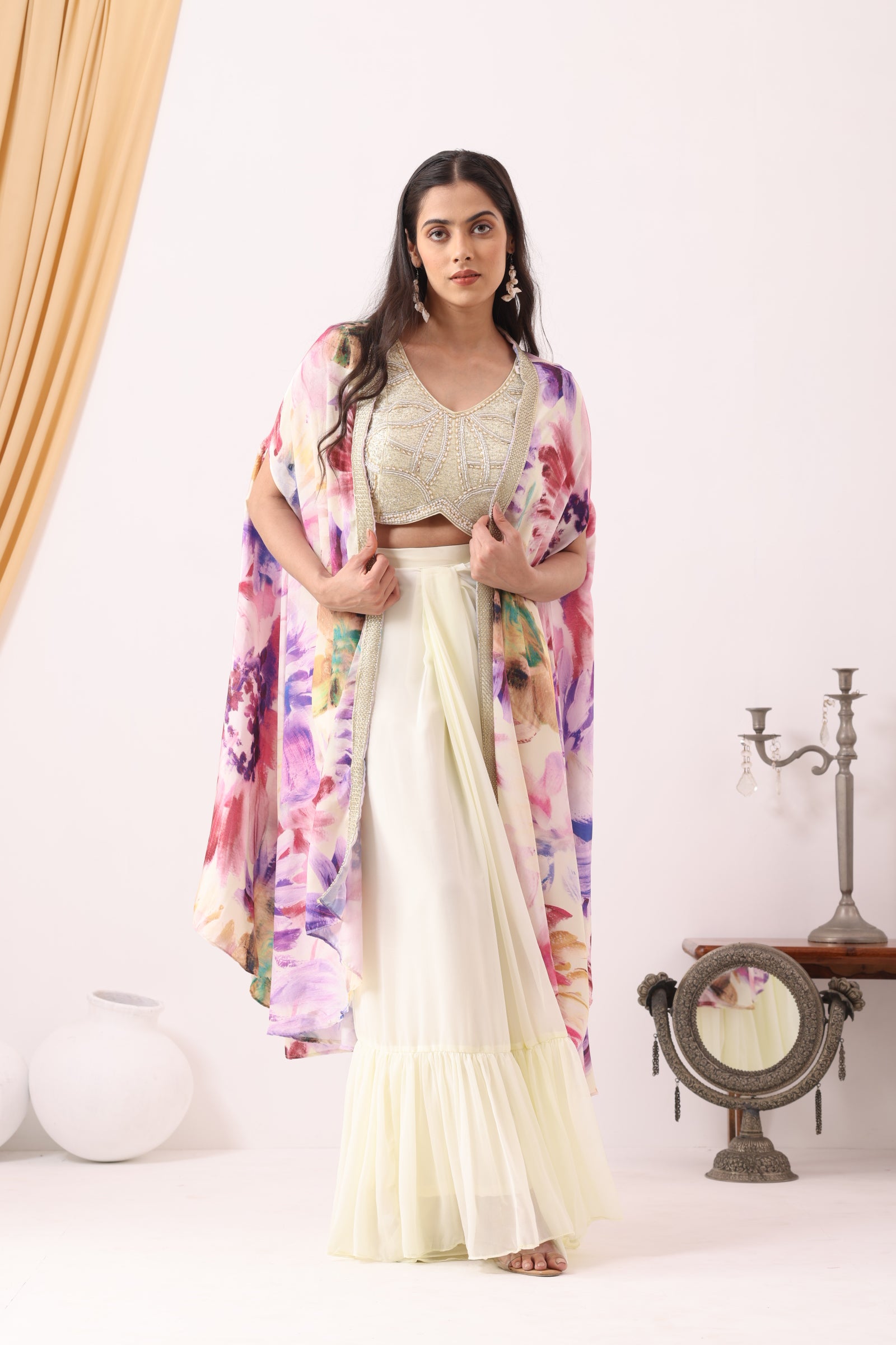 White Ruffle Drape Skirt with Crop Top & Floral Print Cape Set