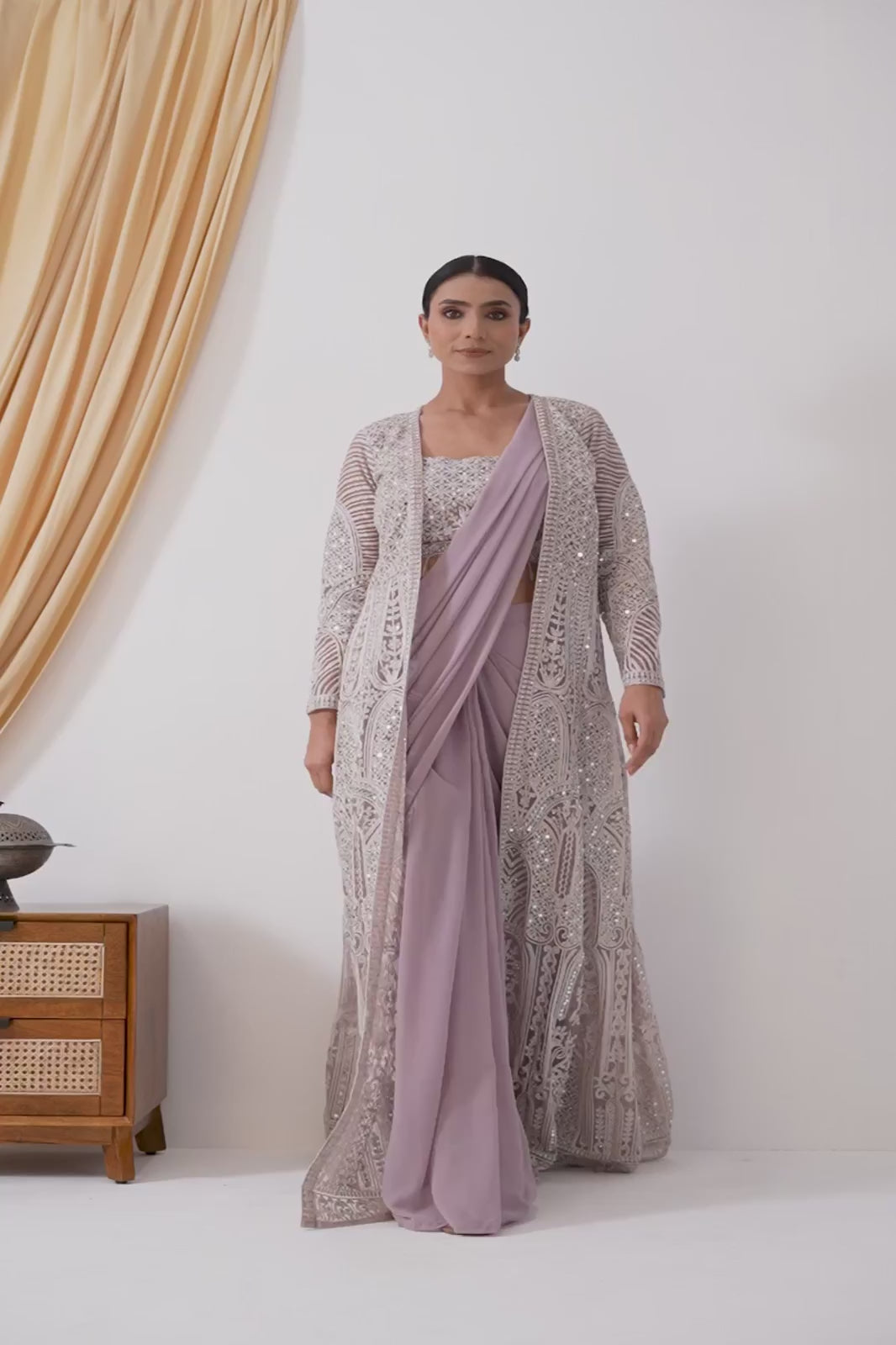 Lilac Draped Saree with Heavy Embroidered Shrug & Blouse