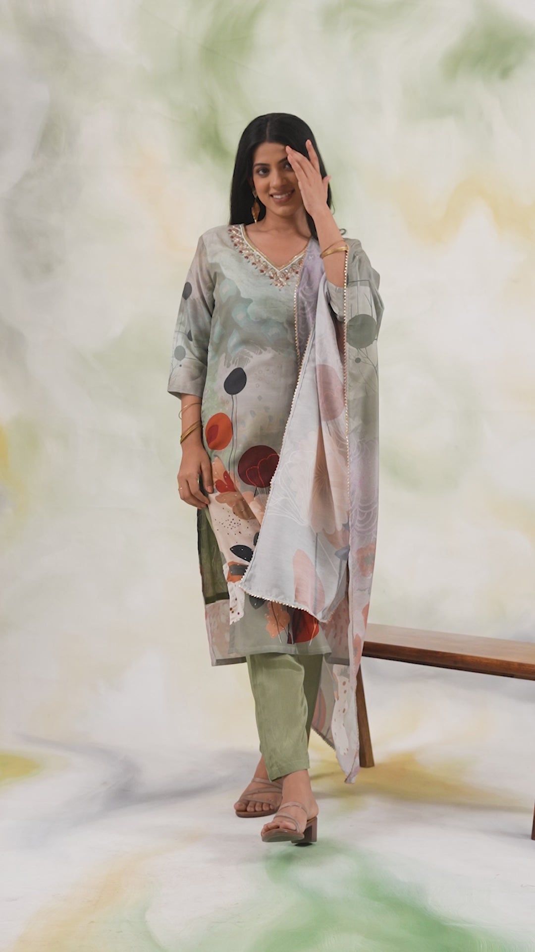 Floral Print Straight Kurta with Pants & Dupatta
