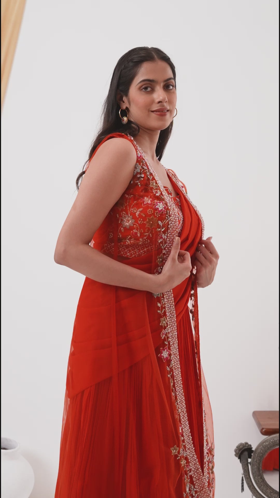 Orange Georgette Draped Jacket Saree Set