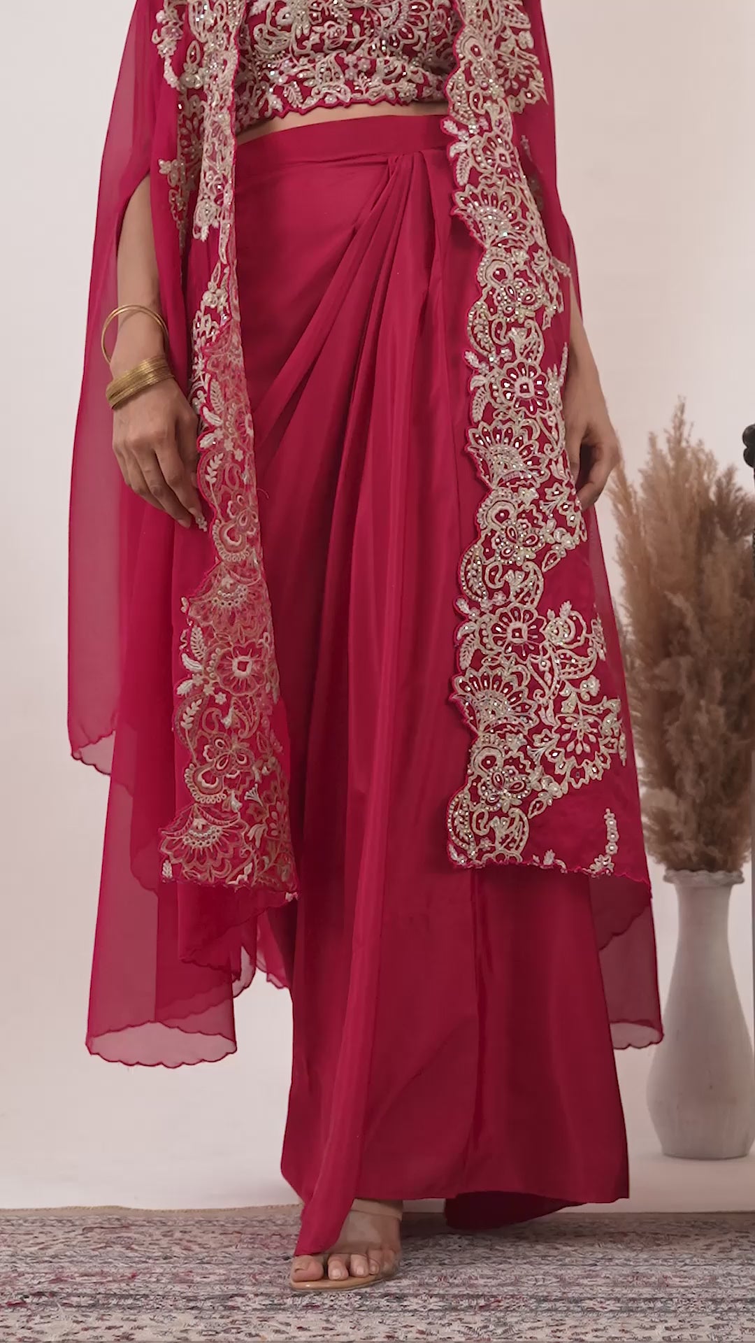 Magenta Pink Crepe Draped Set with Embroidered Cape