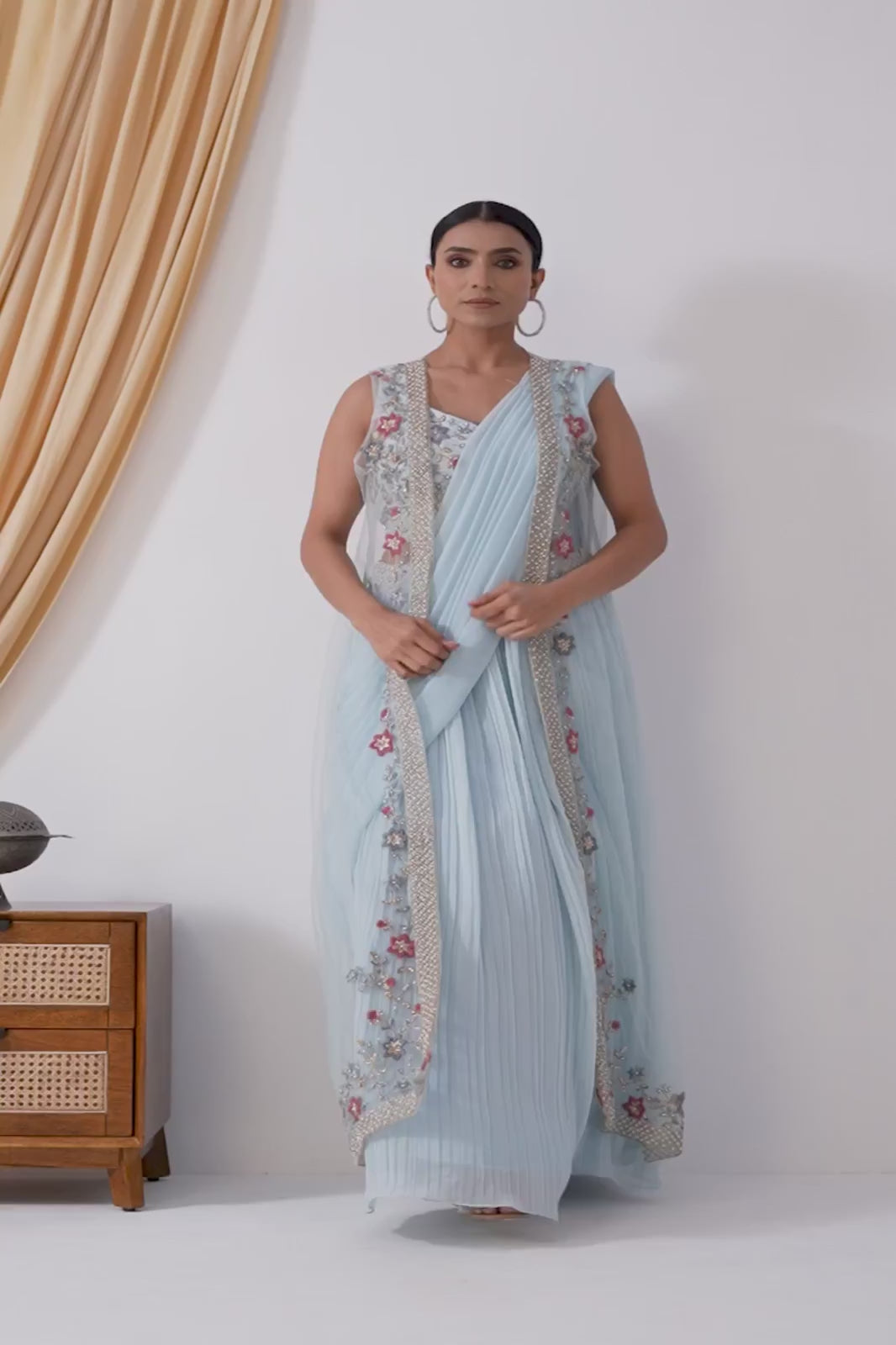 Powder Blue Georgette Draped Jacket Saree Set