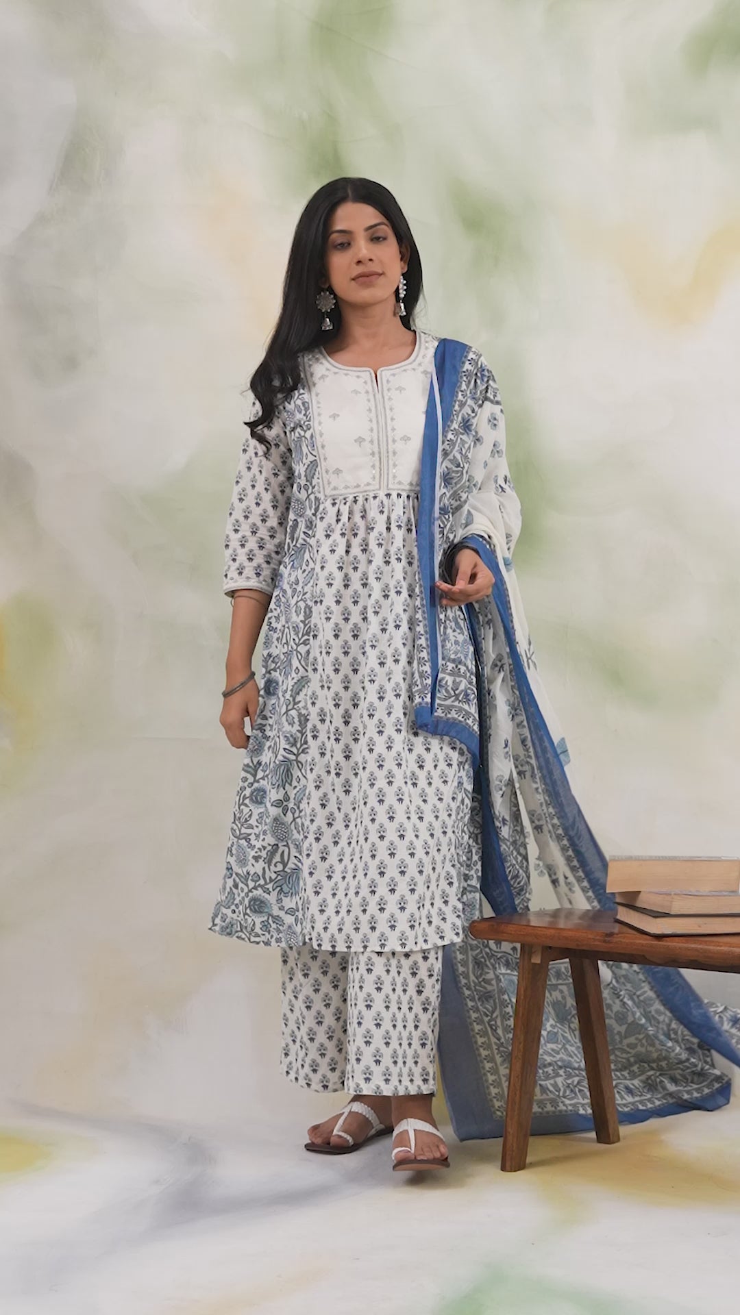 Blue Colored Cotton Kurta with Trousers and Printed Dupatta