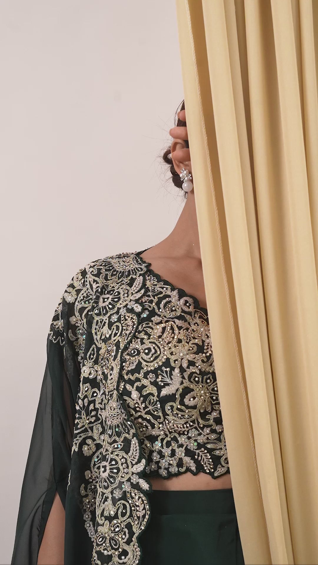 Bottle Green Crepe Draped Set with Embroidered Cape