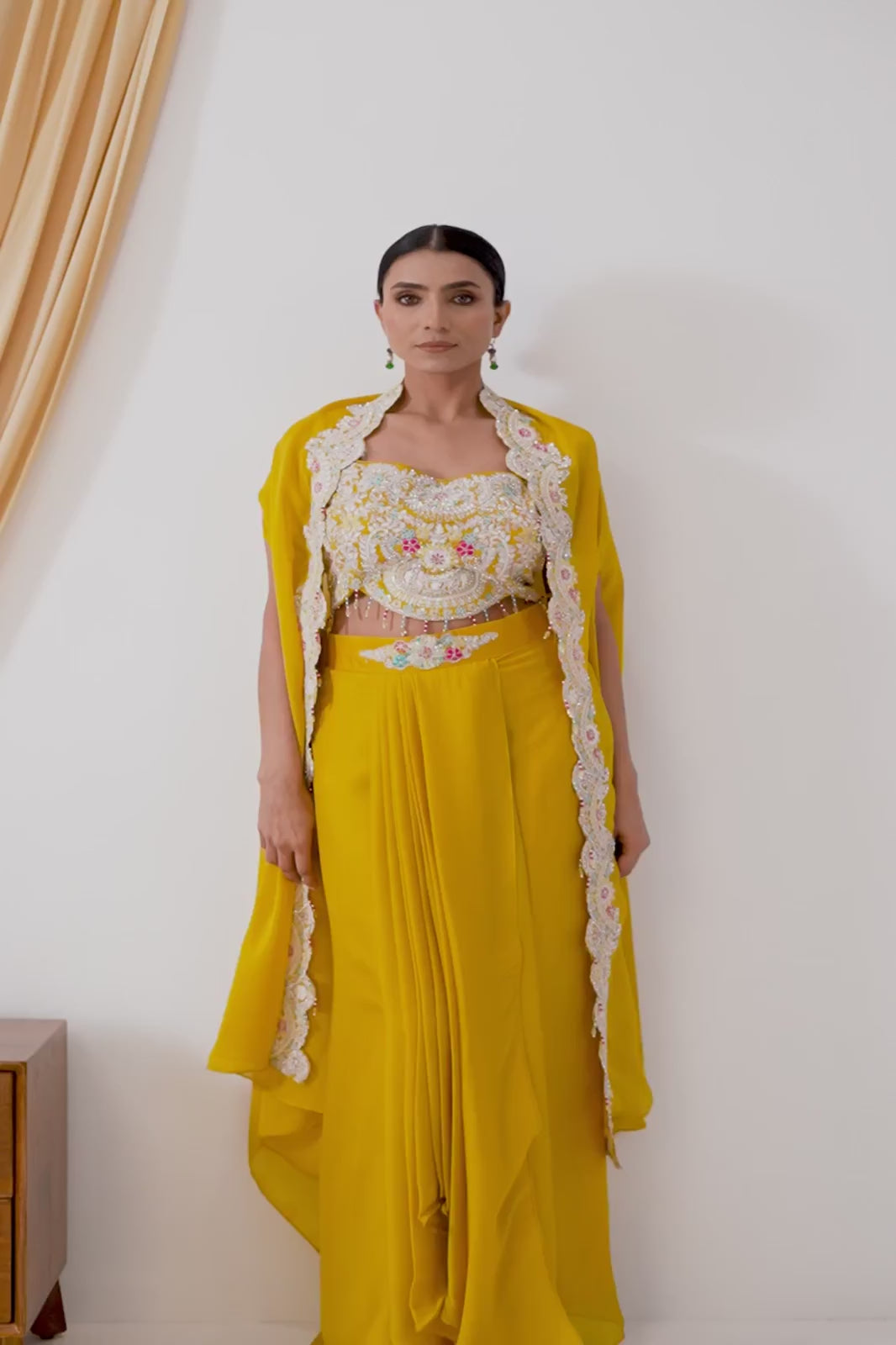 Yellow Draped Fusion Set with Cape Sleeves and Embroidered in Ivory