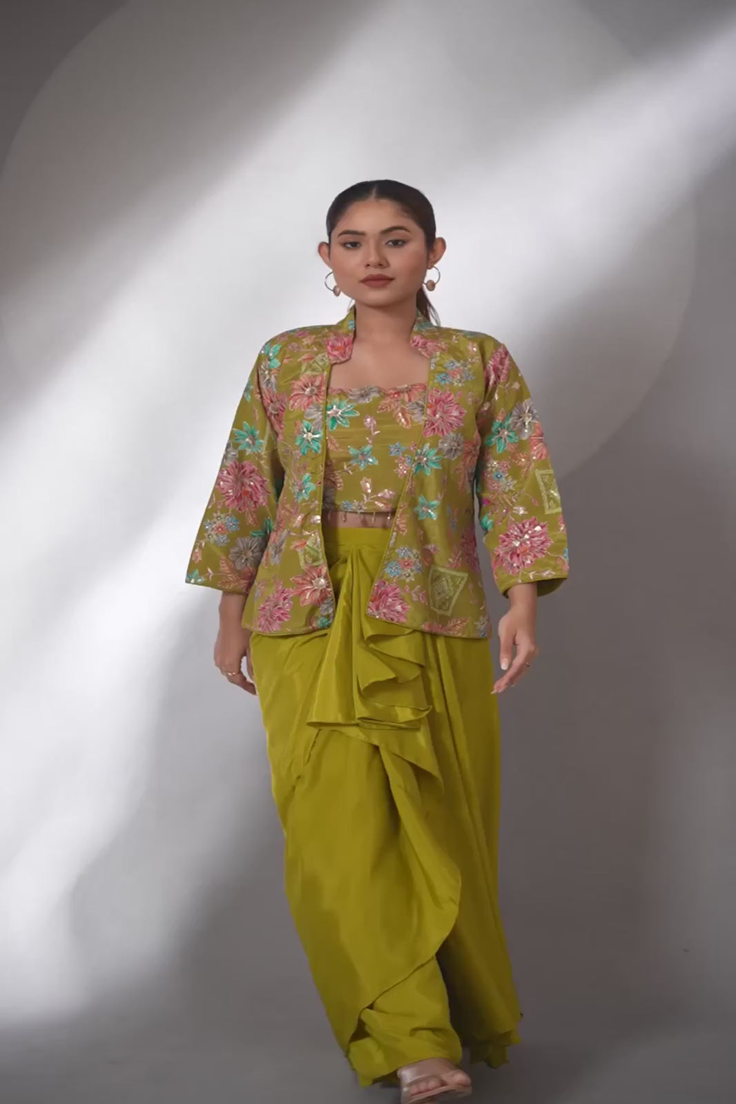 Green Dhoti Skirt with Embroidered Top & Full Sleeves Jacket