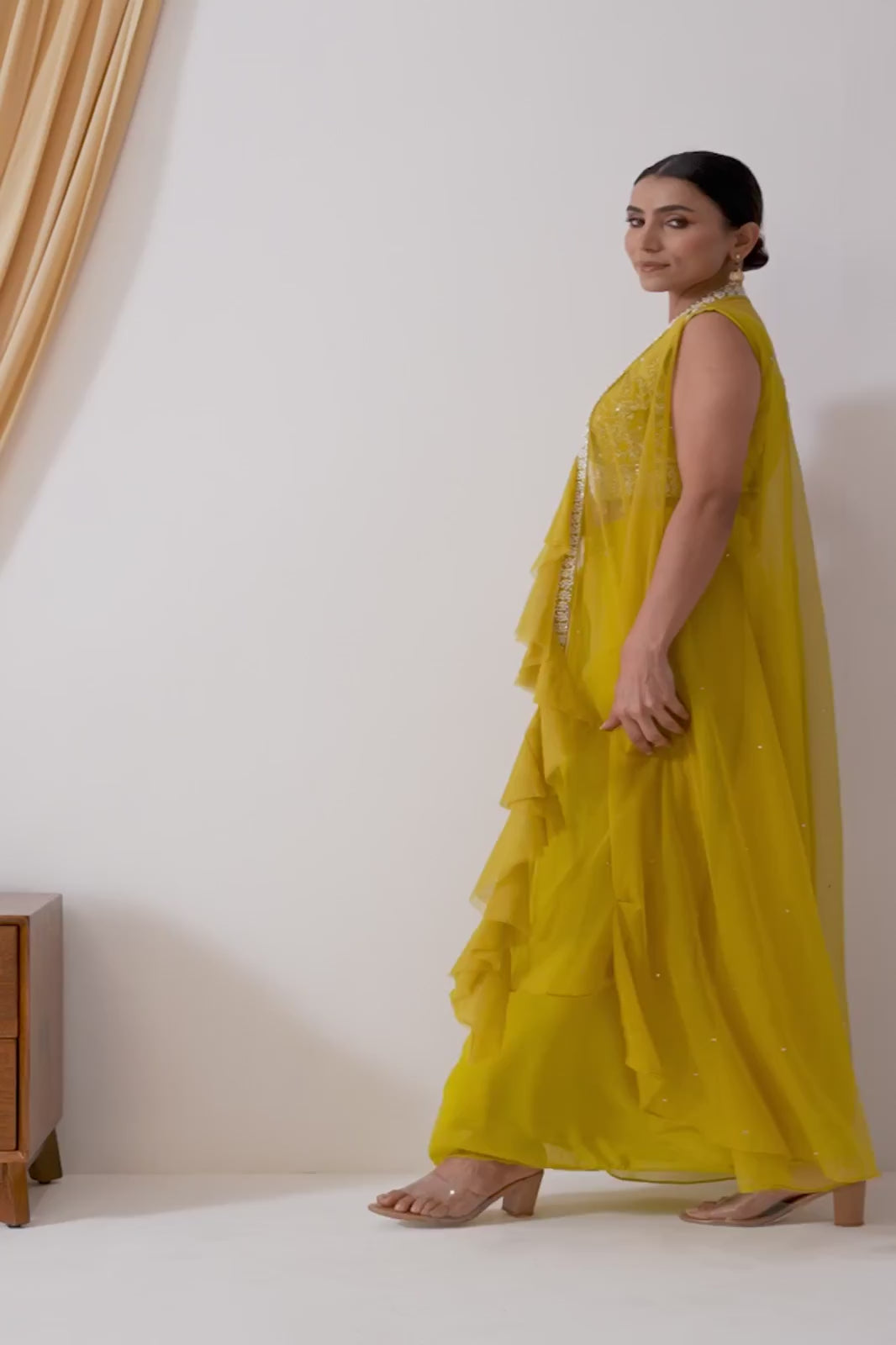 Yellow Embellished Cape Set with Pleated Skirt