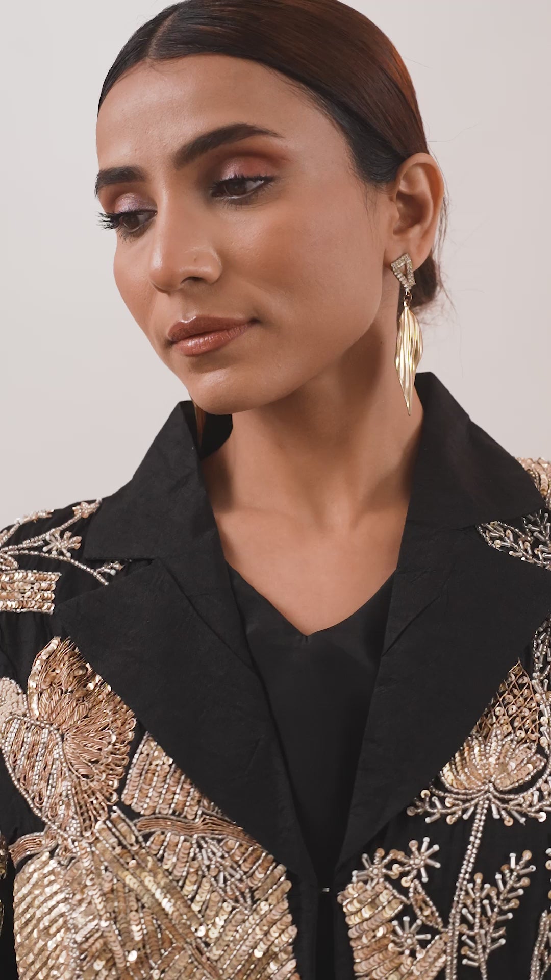 Black Golden Cropped Blazer & Draped Skirt Set