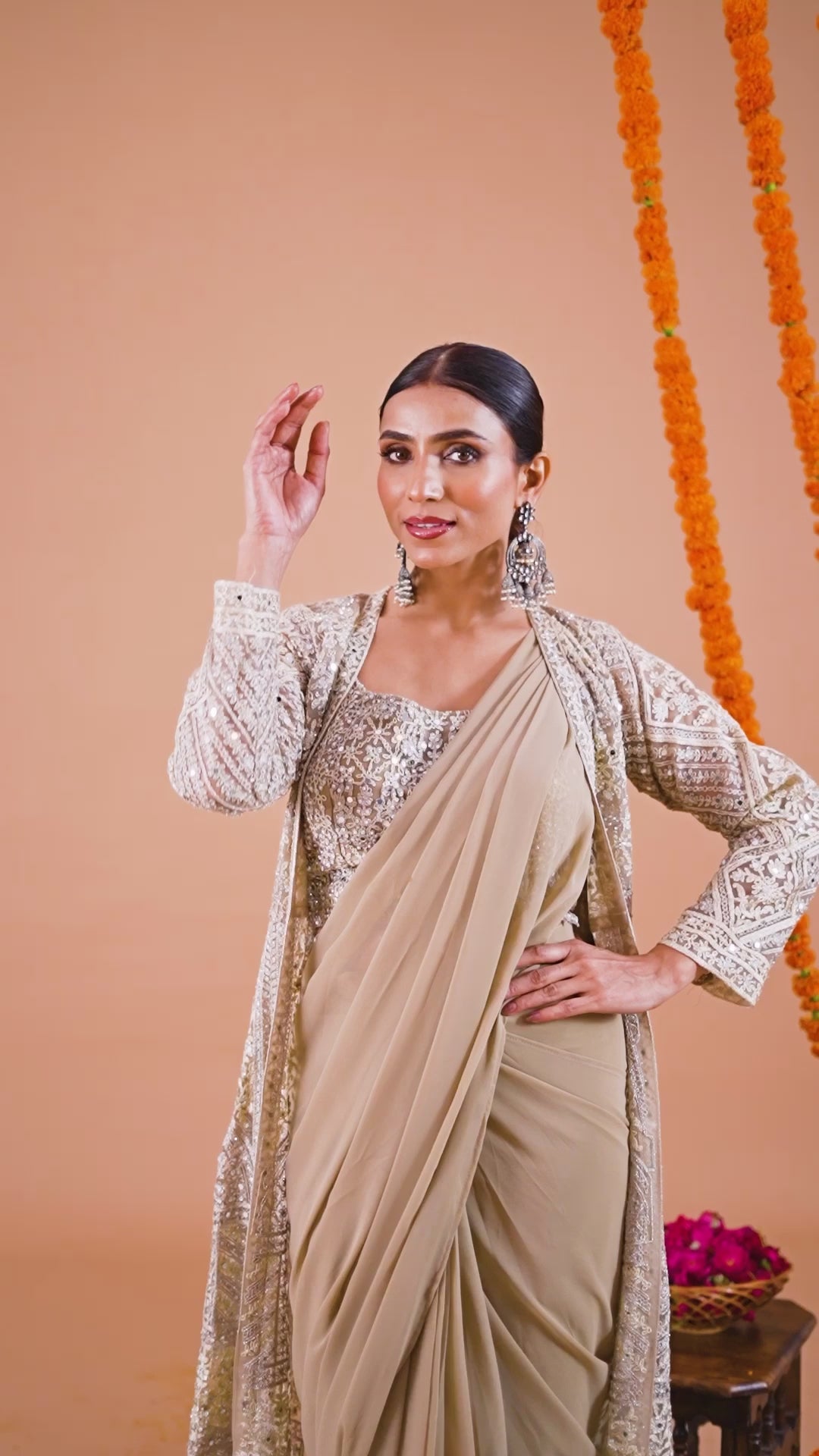 Beige Gold Draped Saree with Heavy Embroidered Shrug & Blouse