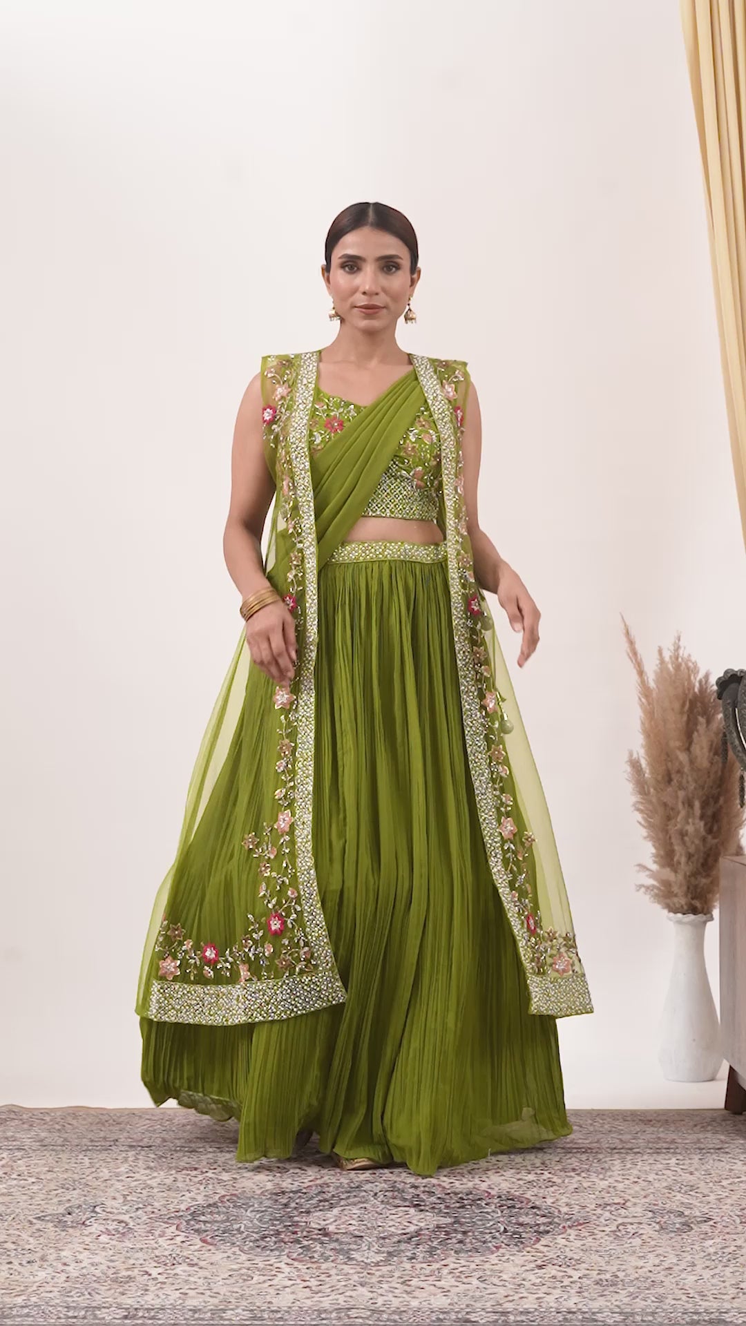 Green Georgette Draped Jacket Saree Set