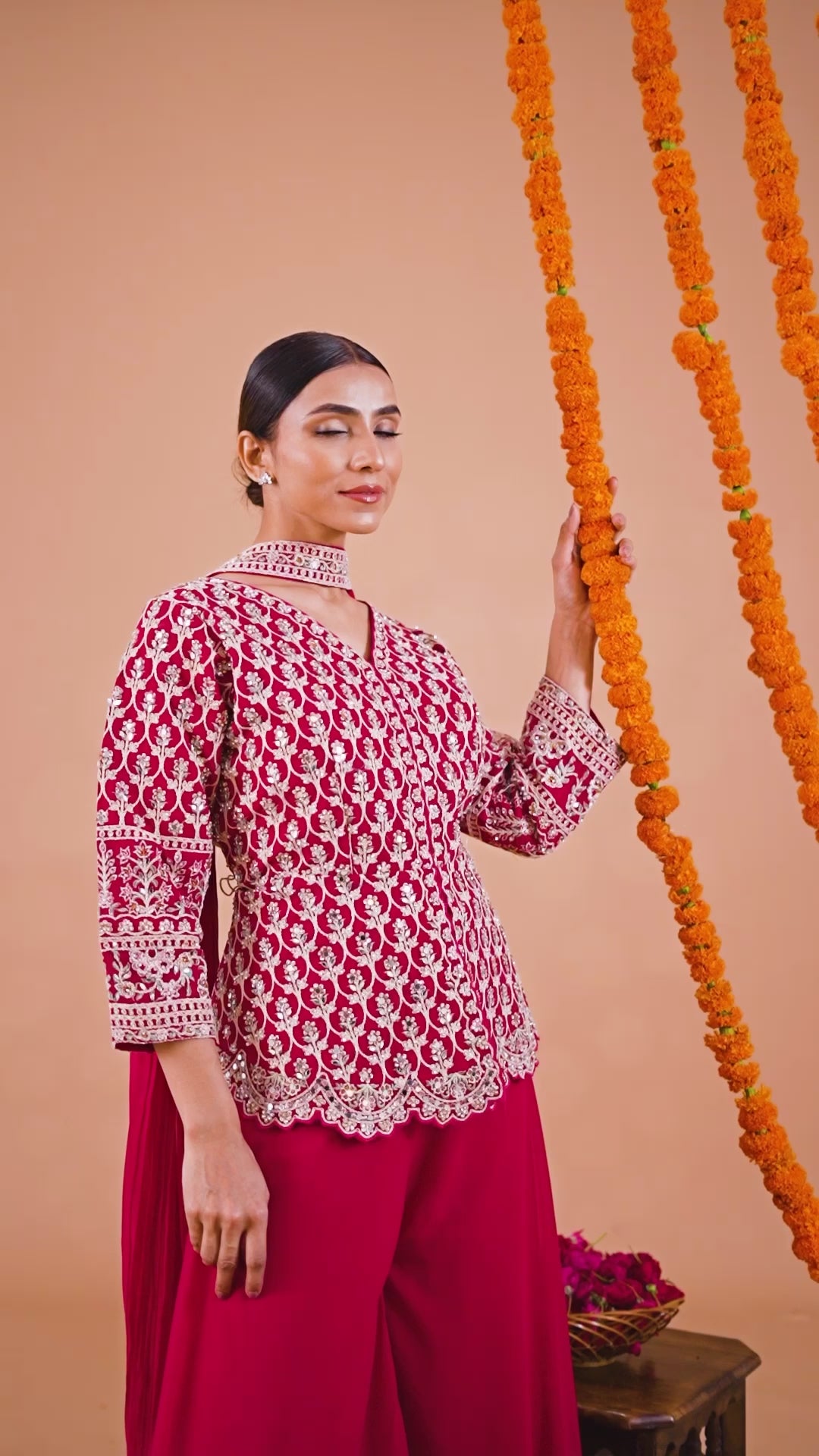 Red Sharara with Full Embroidered Top & Choker Dupatta