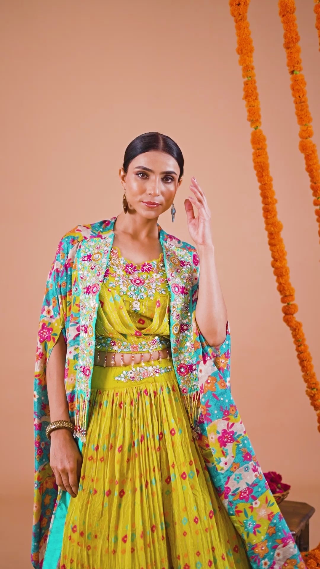 Yellow Chiffon Crop Top & Printed Jacket Set