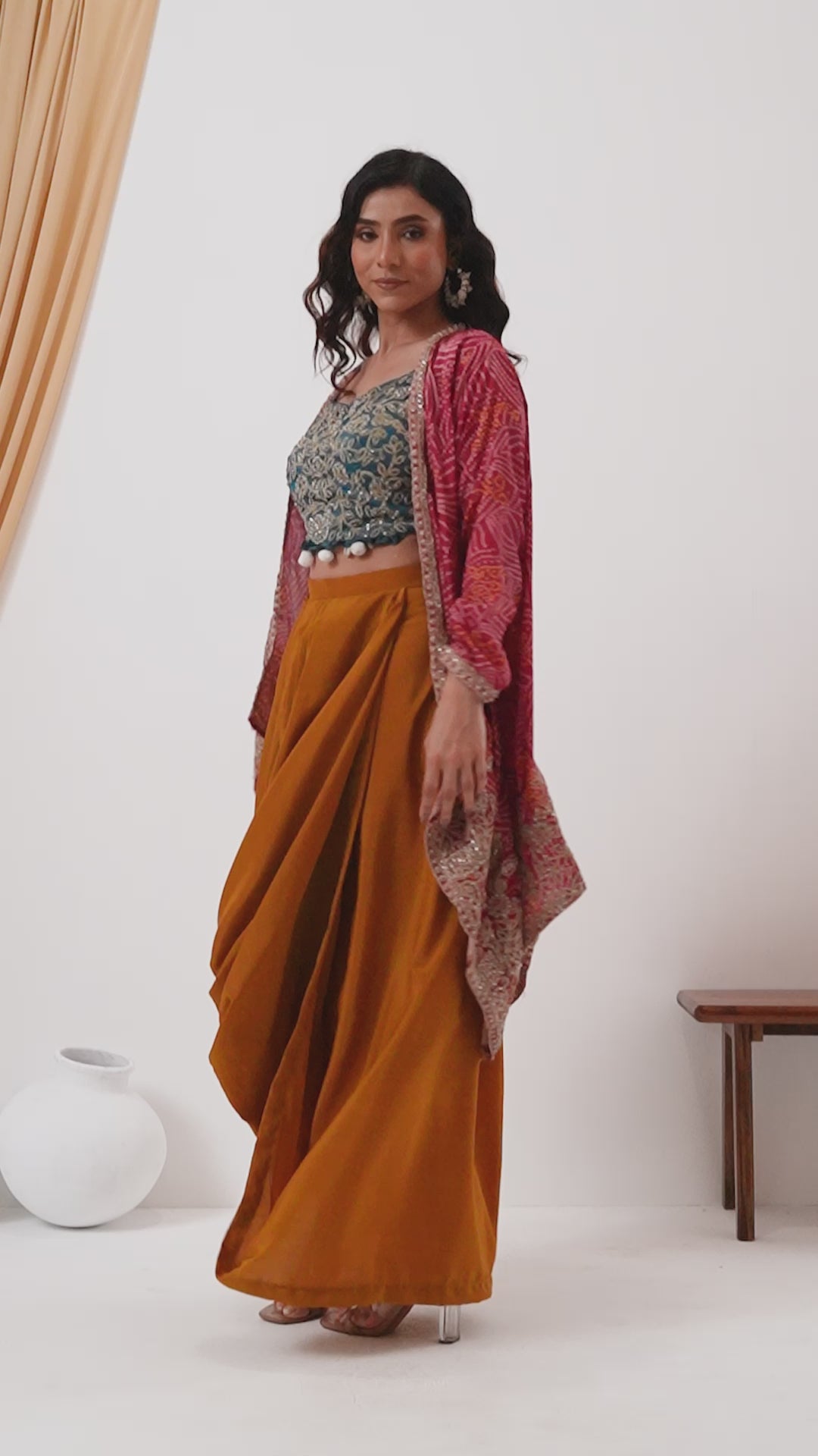 Yellow Draped Fusion Set with Bandhej Cape Set