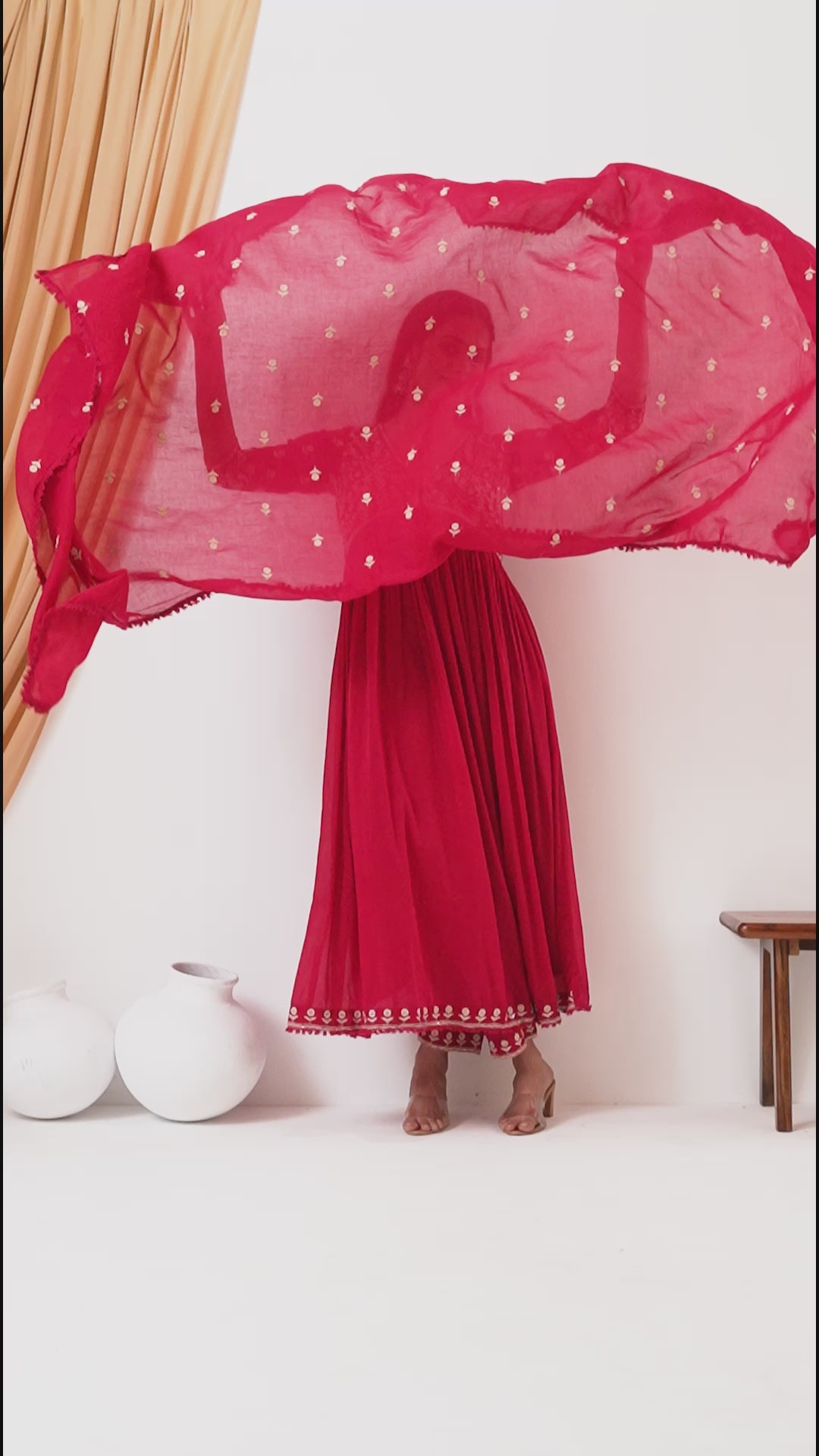 Mulmul Cotton Pink Anarkali Kurta with Pant & Dupatta