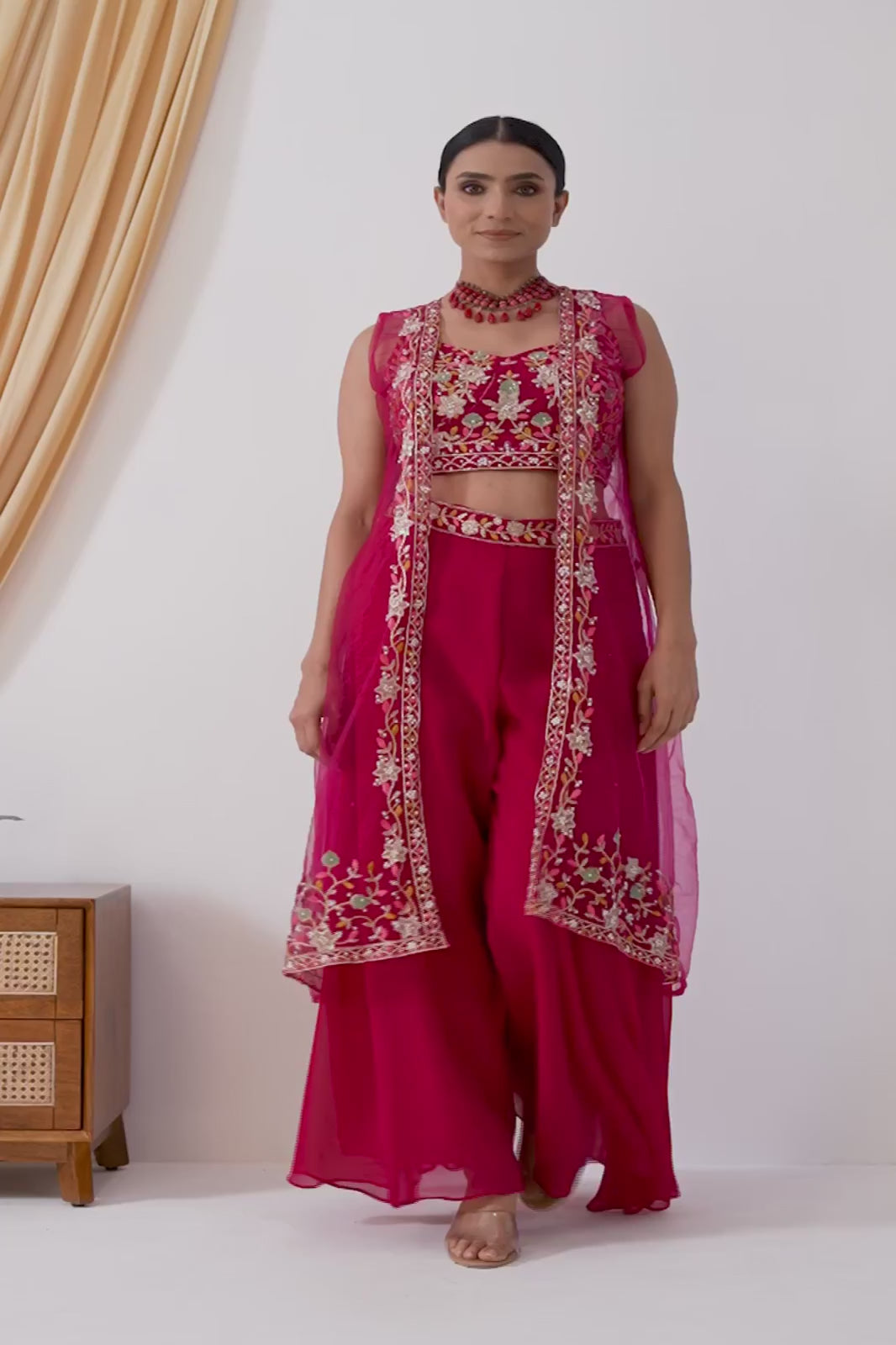 Magenta Pink Embroidered Crop Top & Sharara Set