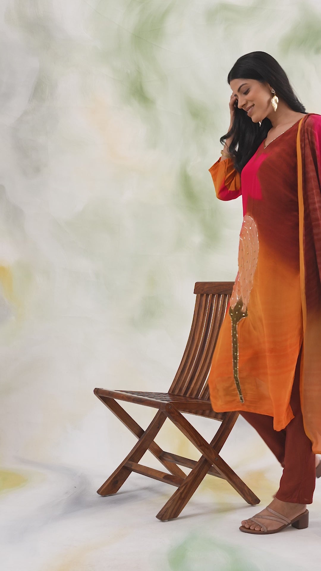 Orange Floral Kurta with Trousers & Dupatta