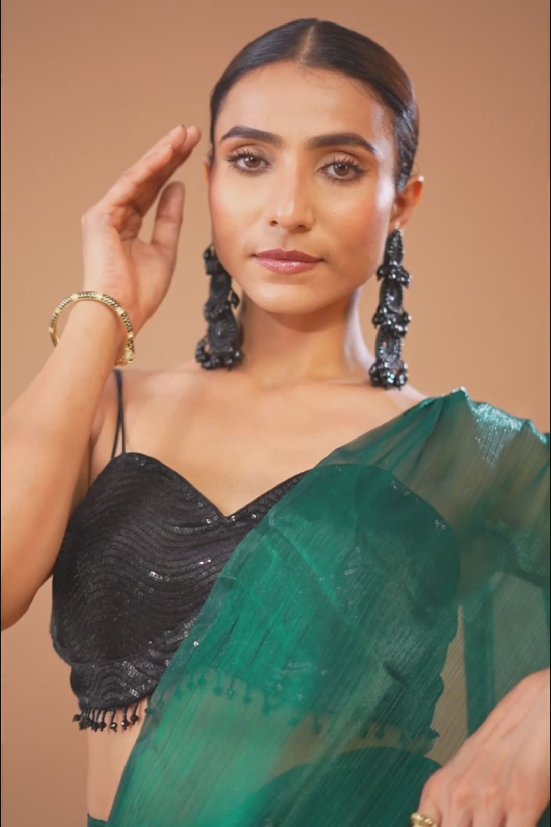 Rich Emerald Green Organza Chiffon Saree With Black Tassels