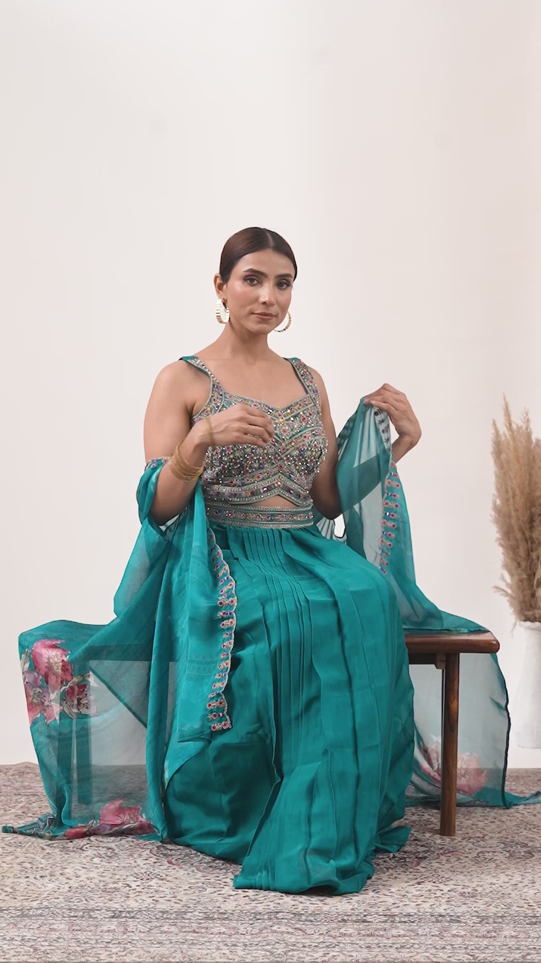 Turquoise Skirt Set with Cape