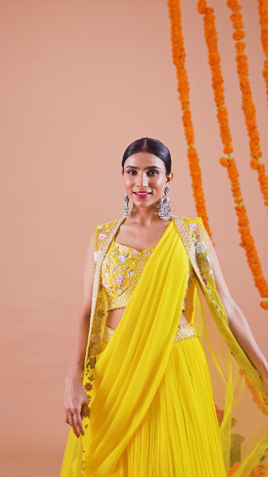 Yellow Georgette Draped Jacket Saree Set