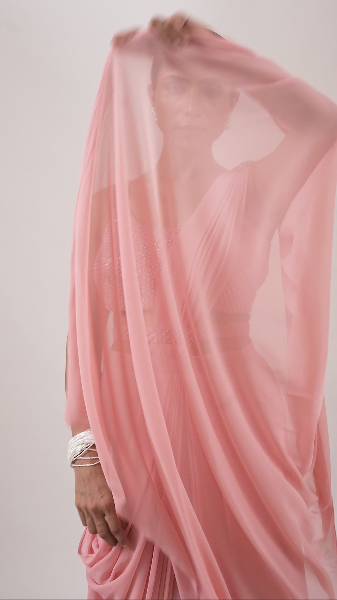 Soft Pink Silk Georgette Blend Cut Dana Embroidered Pre-Draped Saree Set