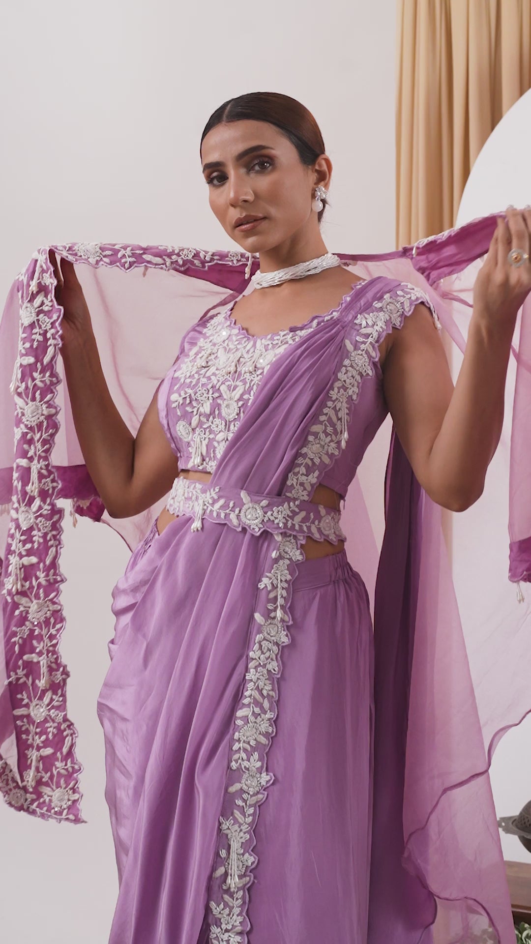 Lilac georgette and organza embroidered pre-draped saree set