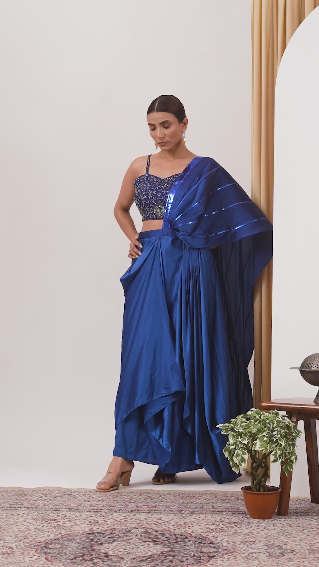 Royal Blue Satin Saree with Cutdana Work for Cocktail Party