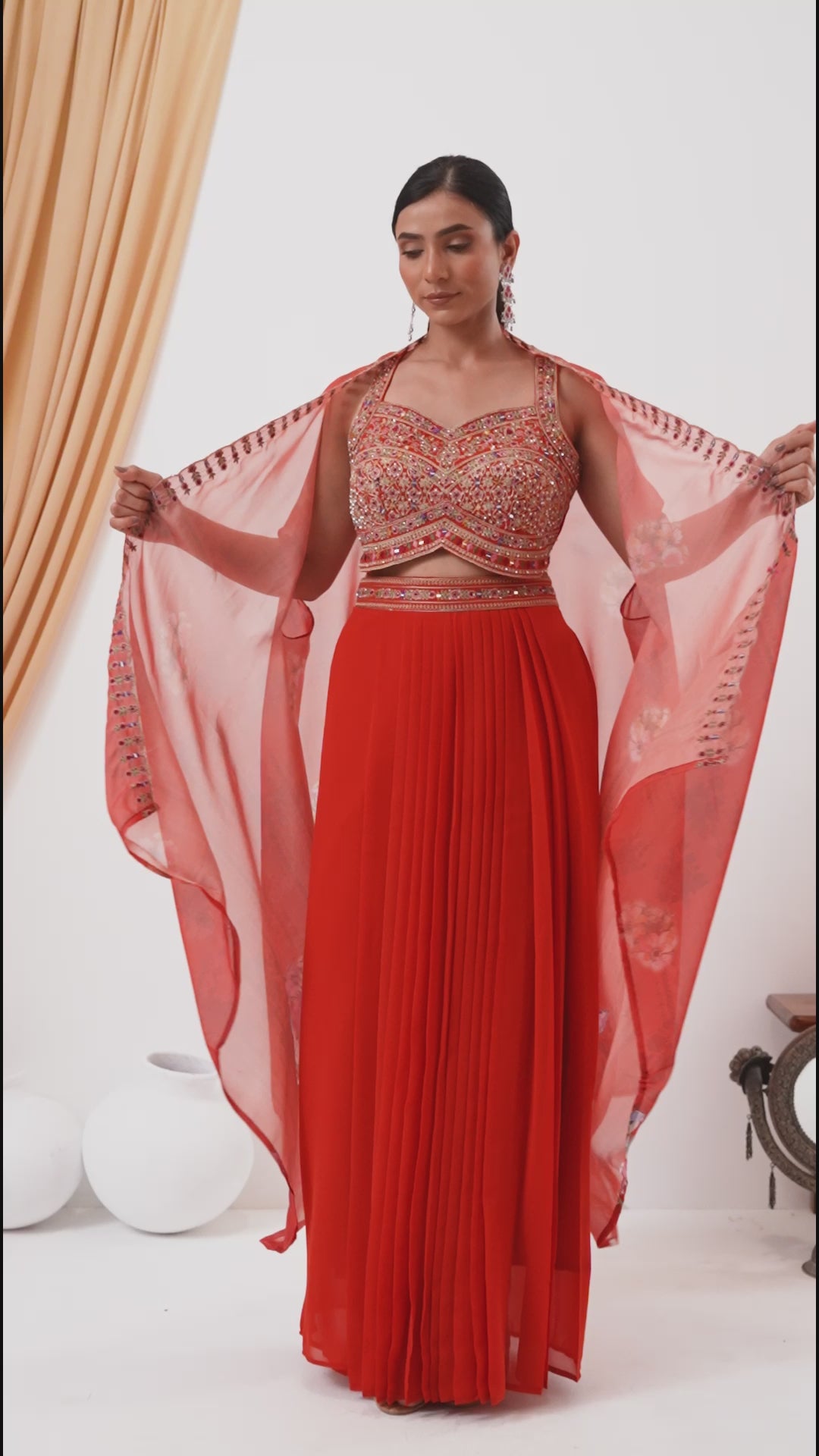 Orange Skirt Set with Cape