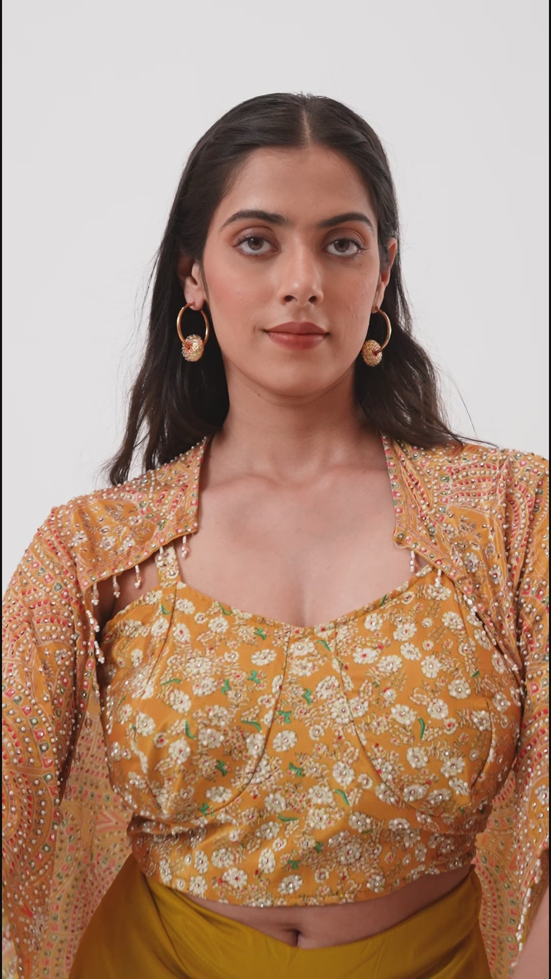Yellow Indowestern Strappy Crop Top Draped Skirt with Cape Set