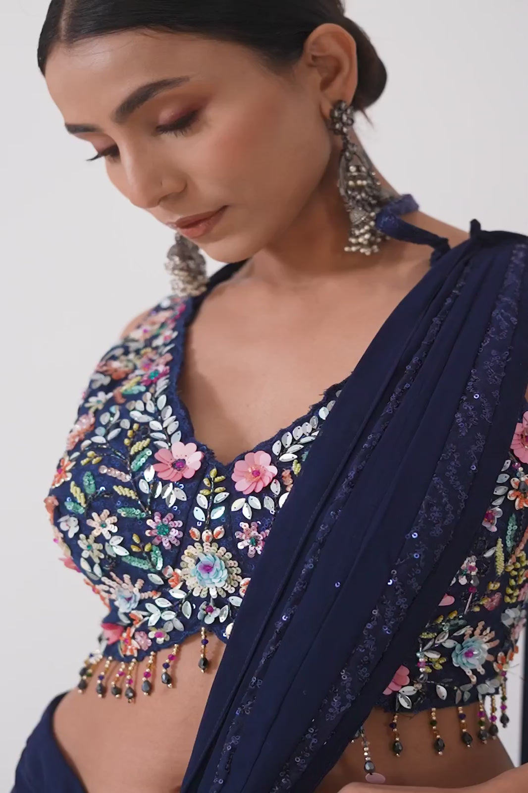 Royal Blue Floral Embellished Drape Saree