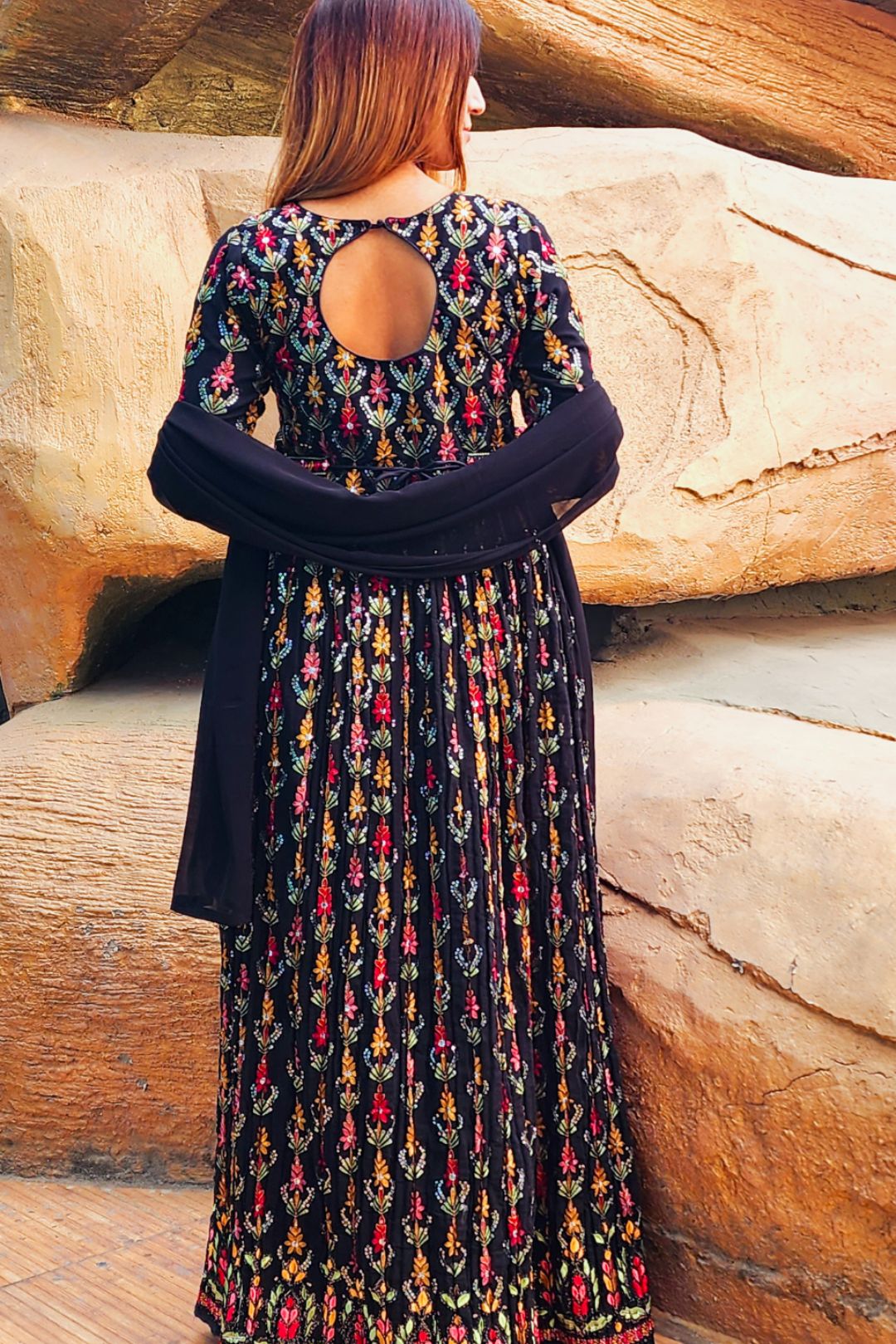 Black Slit Style Embroidered Anarkali With Pants &amp; Dupatta.