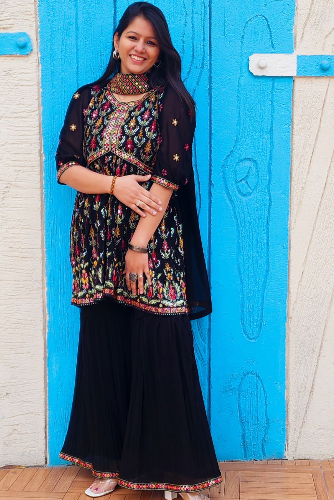 Black Multi Threadwork Georgette Sharara Suit