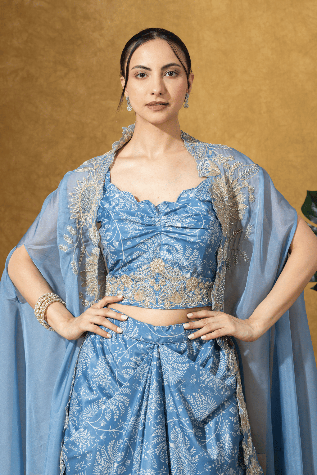 Powder Blue Printed Drape Skirt with Cape