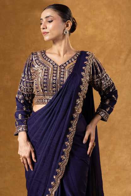 Royal Purple Hand Embroidered Saree Set