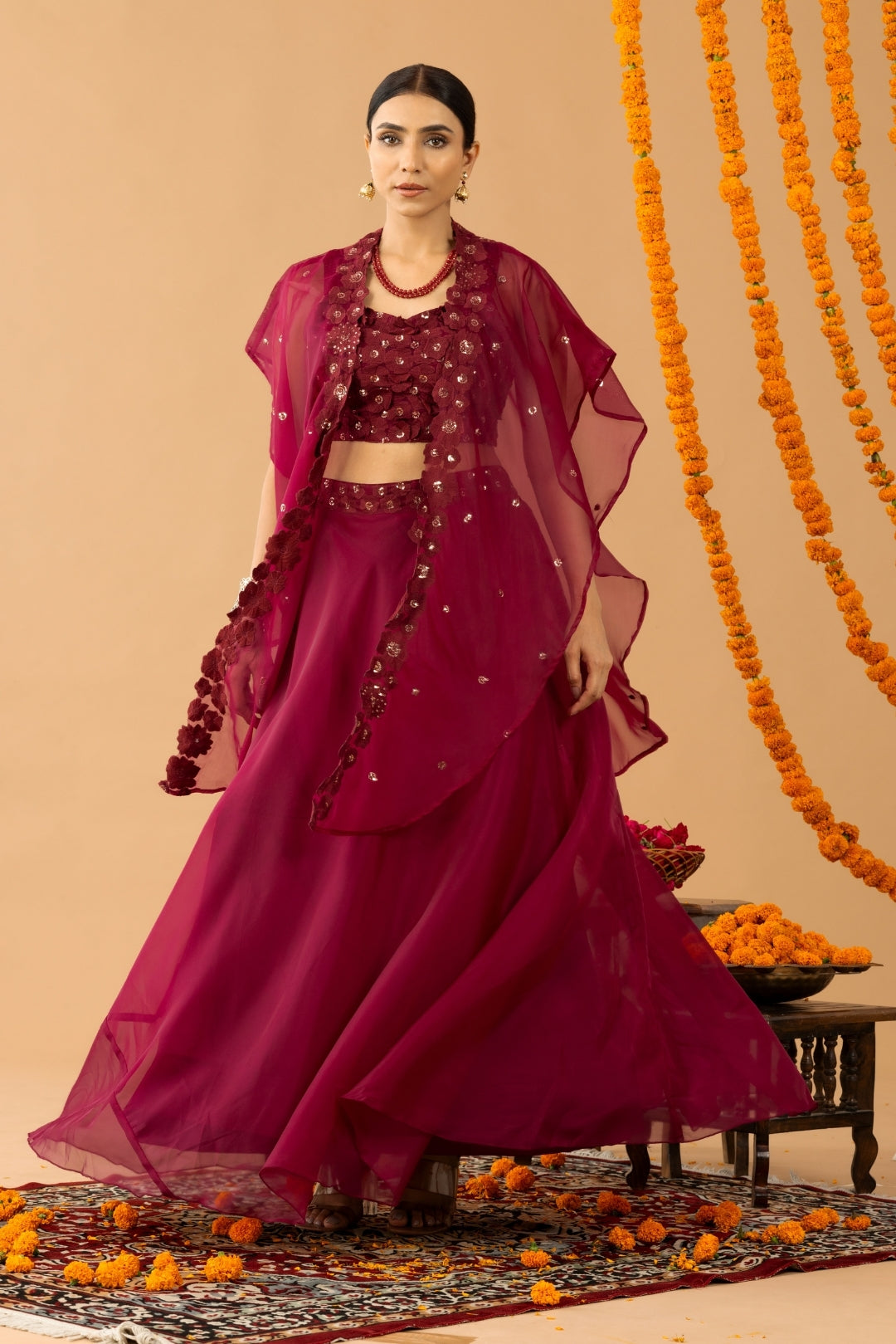 Maroon Lehnga Set with Crop Top &amp; Cape