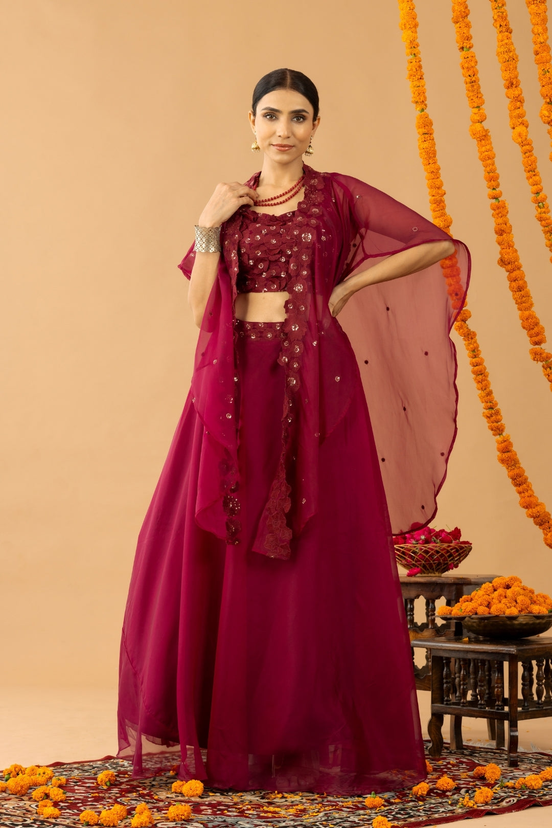 Maroon Lehnga Set with Crop Top &amp; Cape