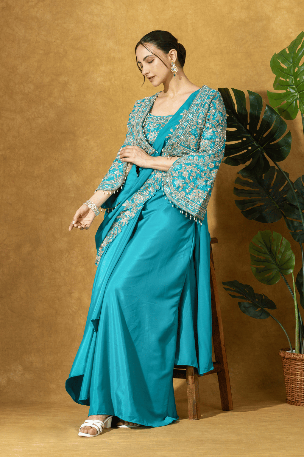Turquoise Royale Jacket Saree Set
