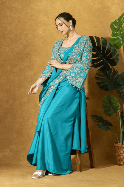 Turquoise Royale Jacket Saree Set