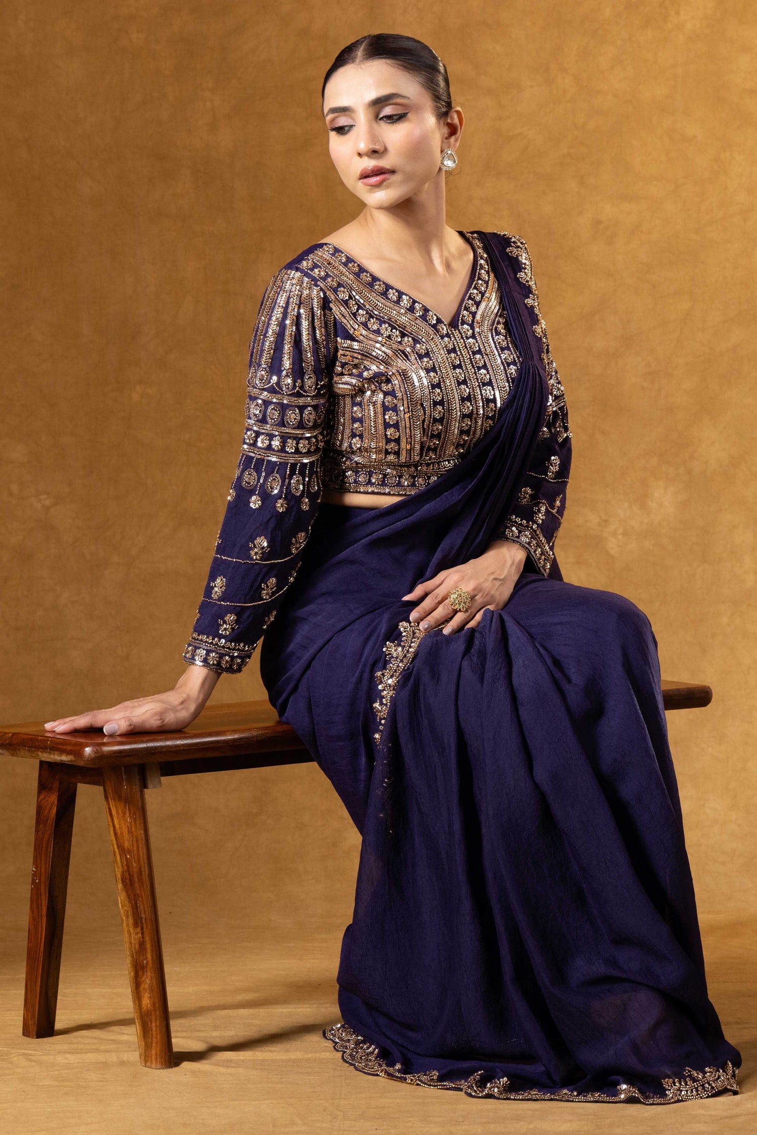 Royal Purple Hand Embroidered Saree Set