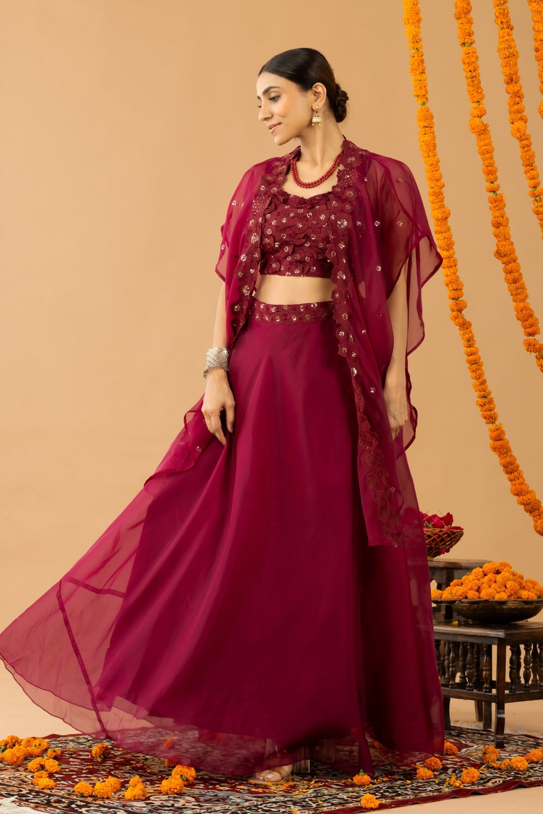 Maroon Lehnga Set with Crop Top &amp; Cape